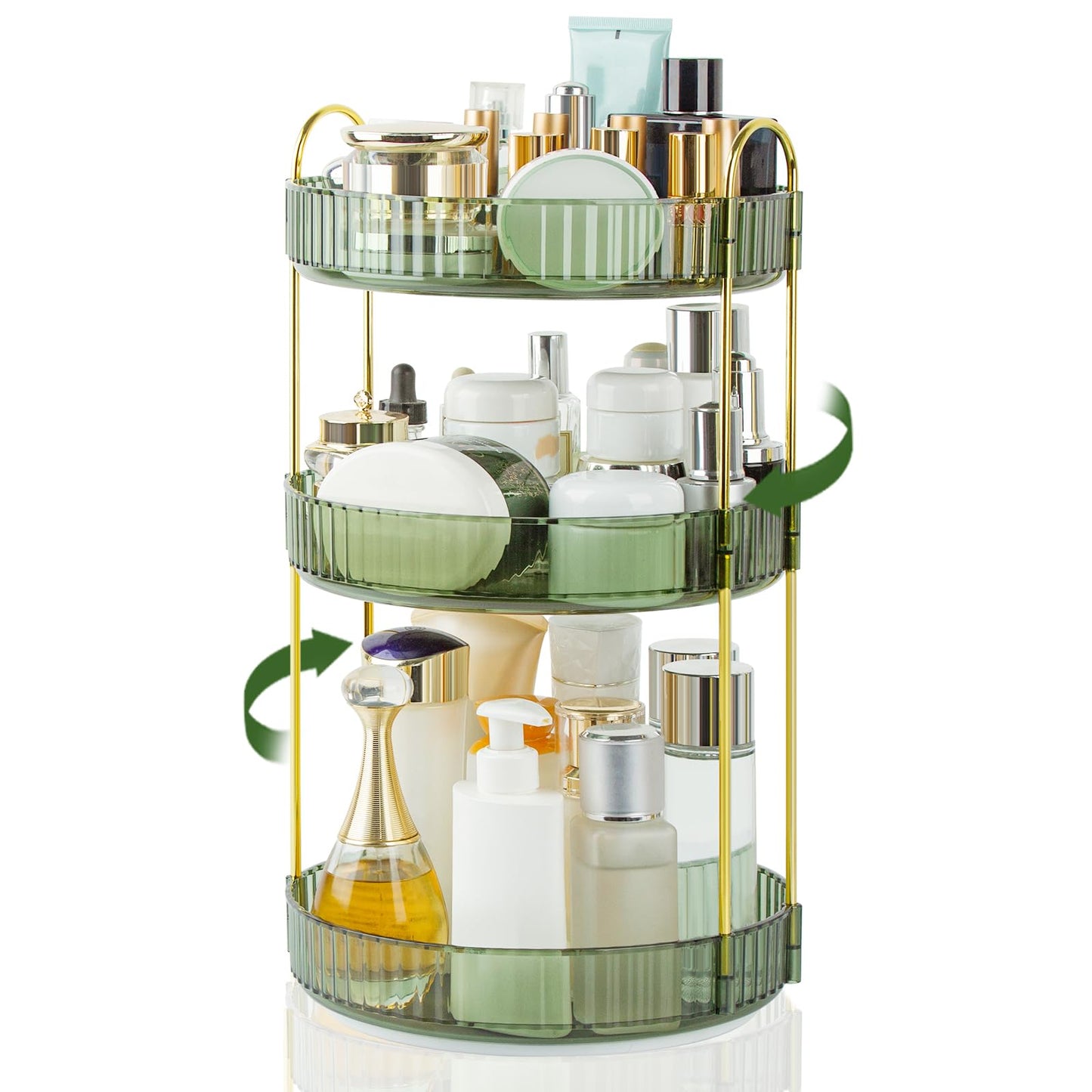 Boxalls Make up Organiser 360° Rotating, 3 Tier Large Capacity Bathroom Organizer, Cosmetics Vanity Storage, Dressing Table Organiser, Skincare Spinning Carousel for Skincare Perfume (3 Tiers, Green)