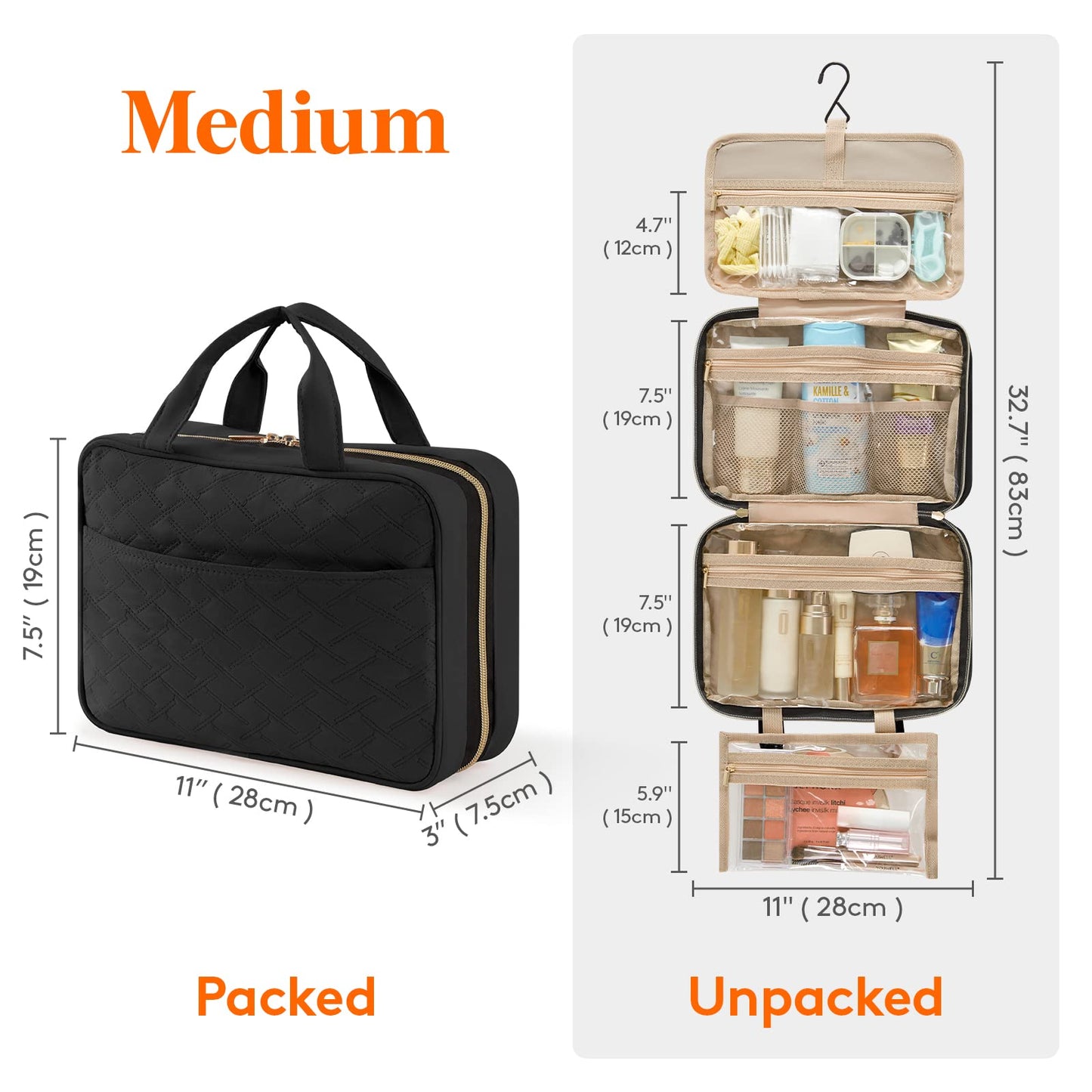 Lifewit Travel Toiletry Bag, Large Hanging Makeup Bag Organizer for Women, Transparent Travel Cosmetic Bag with Hanging Hook for Full Size Bottles, Vacation Essentials, Medium,Dark Blue