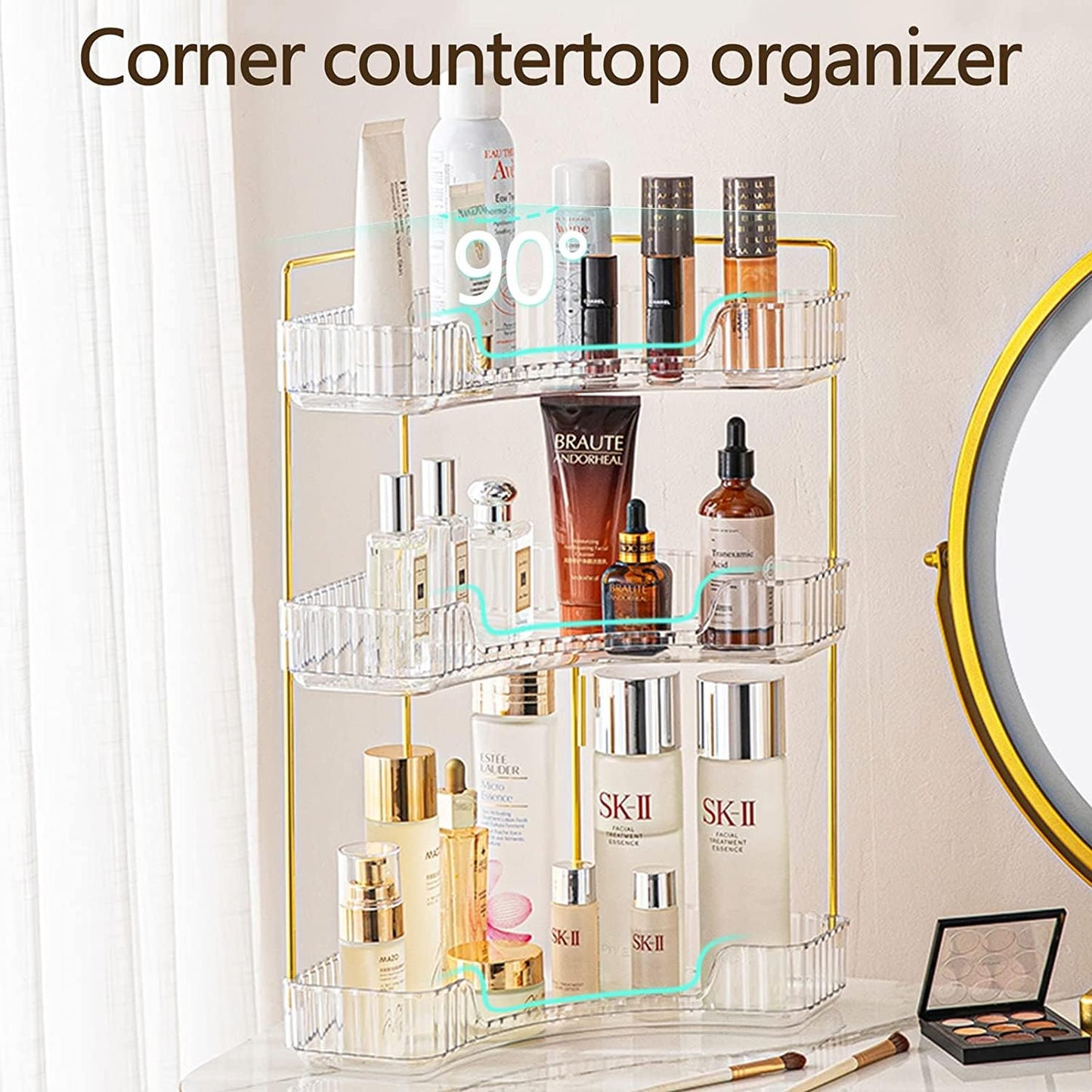 Bingobang Makeup Organiser Corner Trays, 3 Tiers Skincare Cosmetic Organizer Acrylic Large, Storage Tidy for Lipstick, Nail Care, Perfume, Brush, Vanity Dresser, Bedroom, Kitchen, Bathroom(Grey)