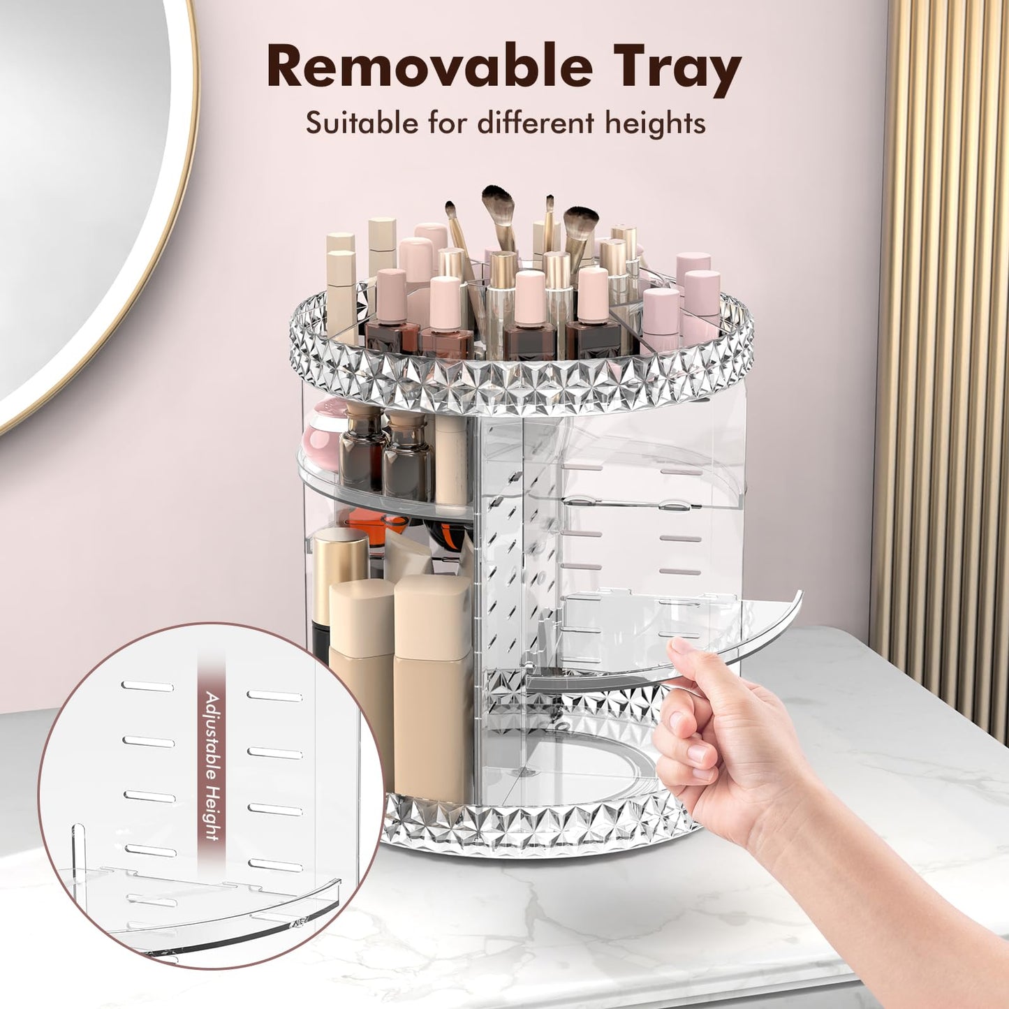 Rotating Makeup Organizer, 360° Spinning Skincare Organizers, Adjustable Layer Cosmetic Storage Lazy Susan Makeup Organizers for Dresser Bathroom, Large, Clear