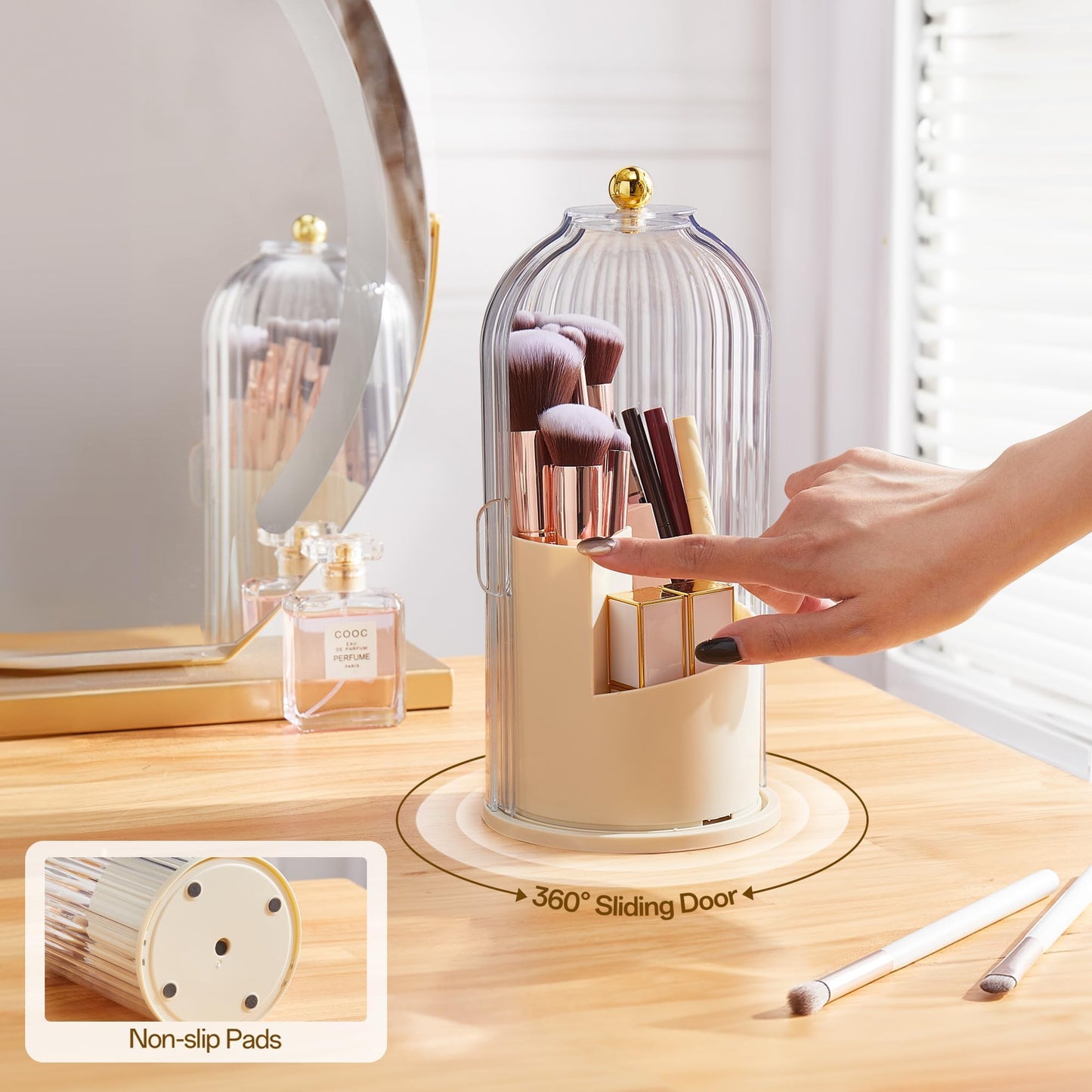 Makeup Brush Holder Rotating Organiser with Clear Lid,Sliding Opening Dustproof Makeup Brush Case Make up Organizer Storage for Dressing Table Organiser,Vanity,White Black