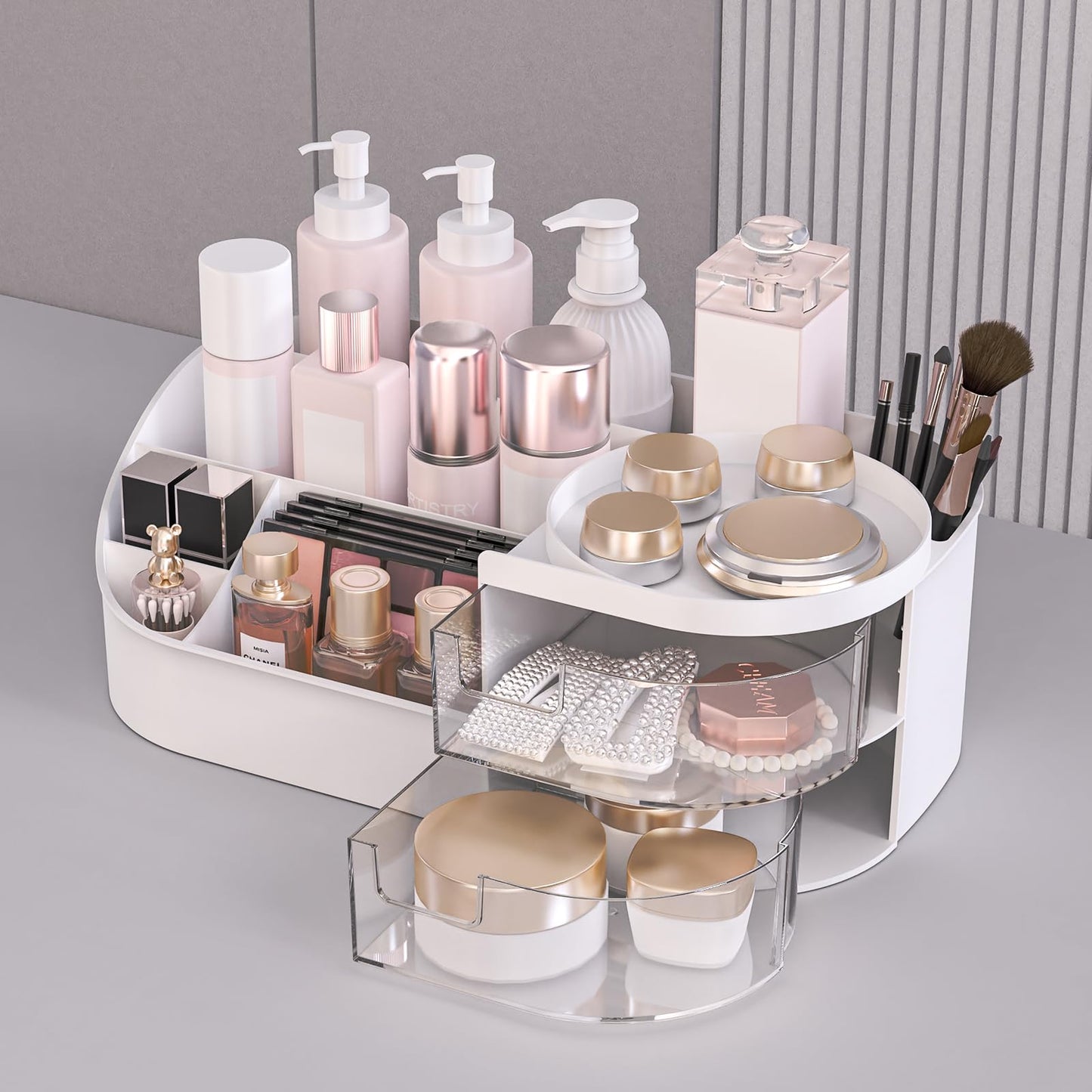 Makeup Organiser, Large Capacity Cosmetic Organisers for Beauty Skincare Jewelry, Make Up Storage Cosmetic Dressing Table Organiser Makeup Box with Drawer for Bedroom Bathroom Dresser Office (White)