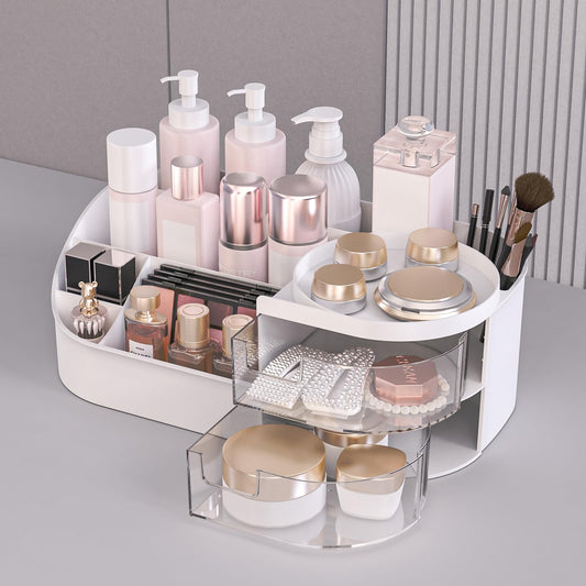 Makeup Organiser, Large Capacity Cosmetic Organisers for Beauty Skincare Jewelry, Make Up Storage Cosmetic Dressing Table Organiser Makeup Box with Drawer for Bedroom Bathroom Dresser Office (White)