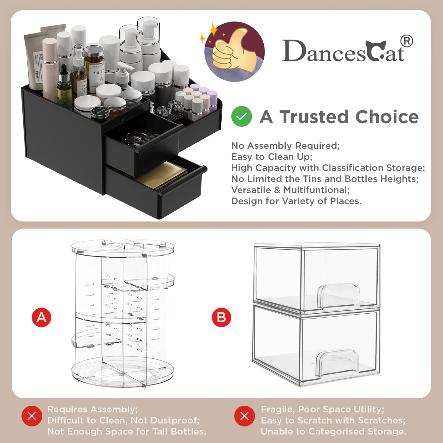 Makeup Organizer Storage Drawers, Large Capacity Cosmetic Organisers for Lipsticks, Jewelry, Nail Care, Skincare Organiser for Vanity, Ideal Desk Organizer for Dresser and Bathroom