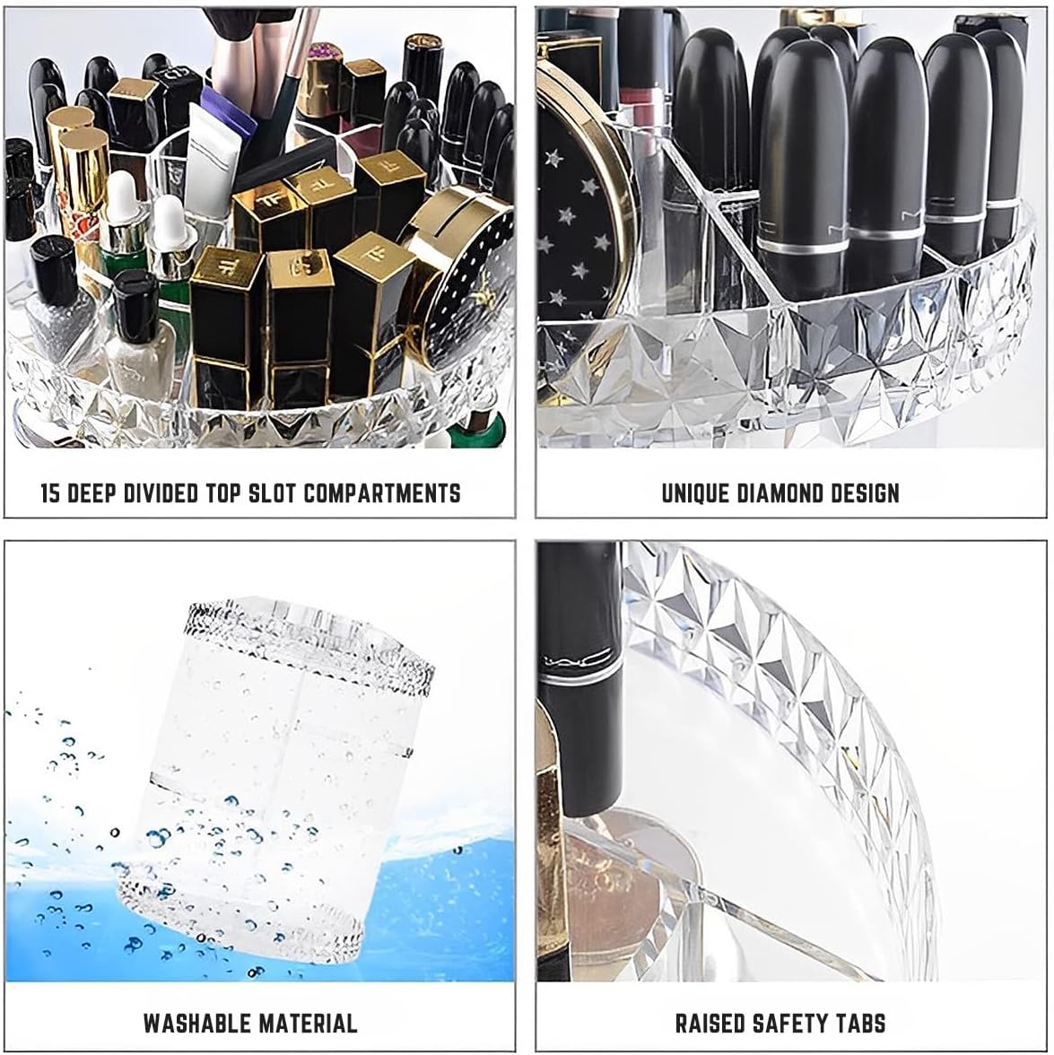 3 Tiers Rotating Makeup Organizer with Compartment 360° Rotating Makeup Stand Display Case Large Capacity Cosmetic Display Box Clear for Dresser Bathroom Skincare,Lipsticks,Makeup Brushes