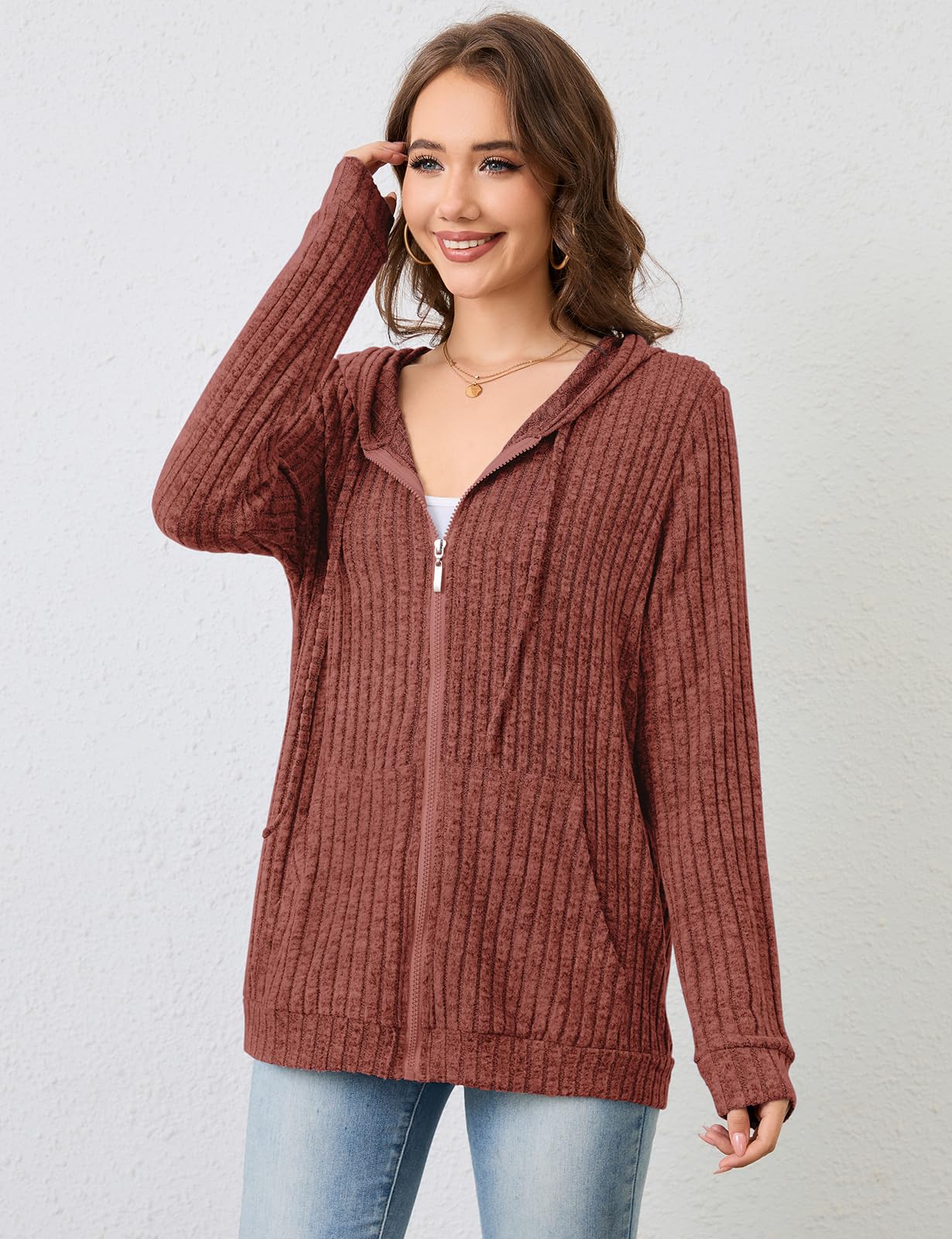 Flikity Womens Cardigans Zip Up Ladies Hoodies with Large Pockets Long Sleeve Tunic Tops Ladies Lightweight Jackets Casual Work Clothes M-XXL