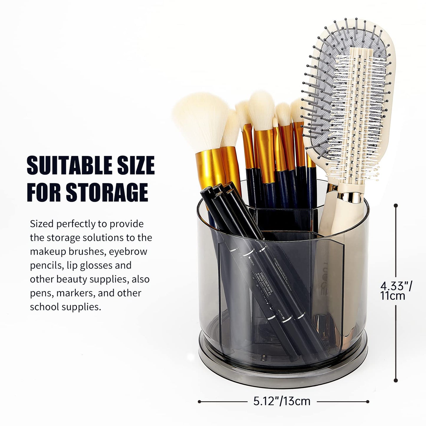 Makeup Brush Holder Organizer -Rotating 360° Clear Storage Cup Containers for Vanity, Desk, Countertop, Spinning Pen Holder for Desk, Round Make up Brush Stand with 5 Slots (Clear)