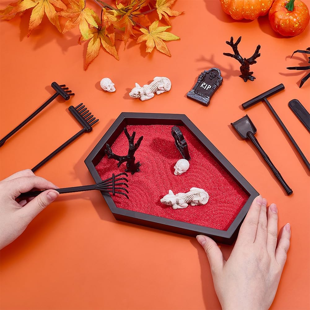WEBEEDY Halloween Coffin Zen Garden Mini Sand Tray Kit for Desk, Therapy Zen Garden Kit with Red Sand and Tools, DIY Spooky Desktop Decor for Halloween Party & Home Office Decoration Goth Gift