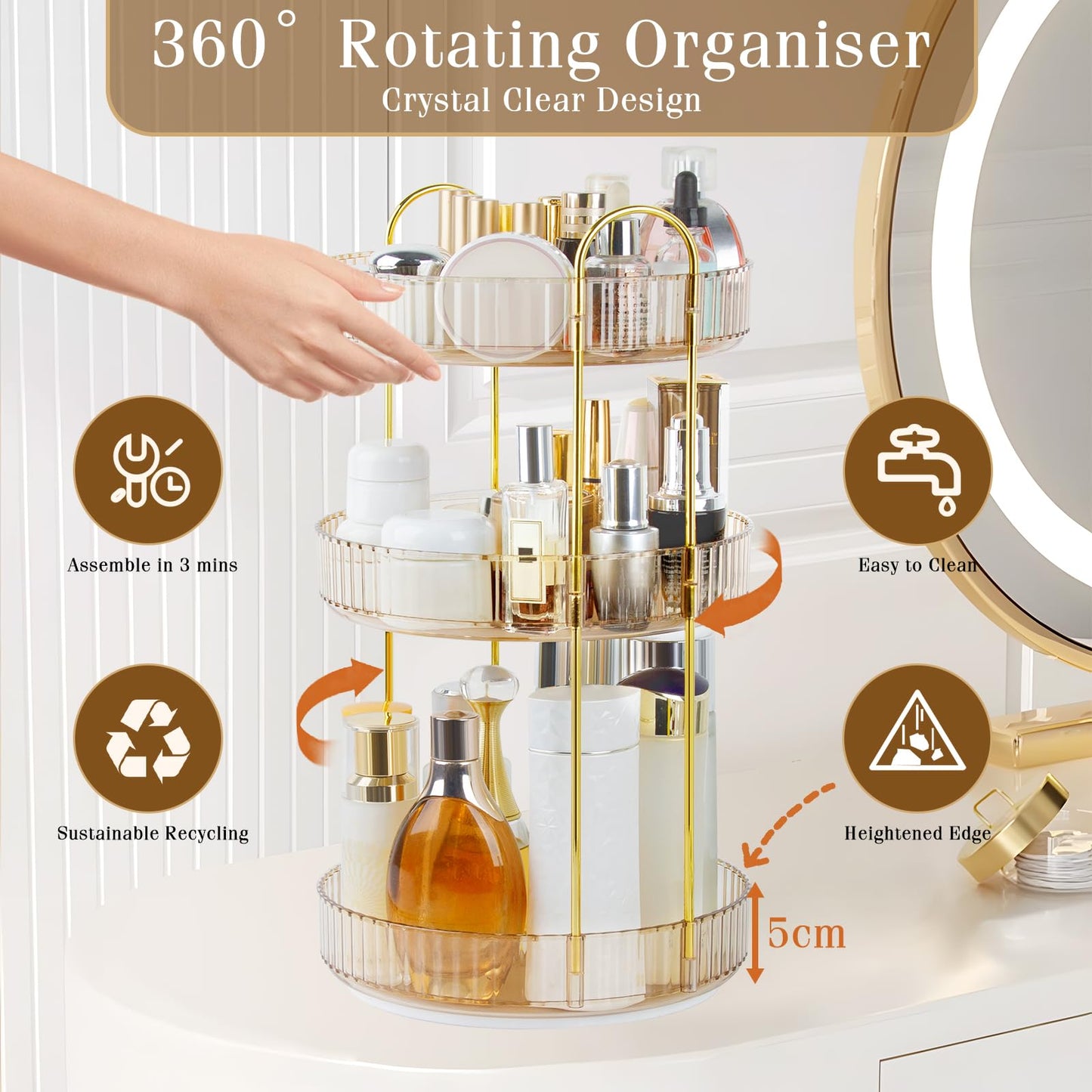 Boxalls Make up Organiser 360° Rotating, 3 Tier Large Capacity Bathroom Organizer, Cosmetics Vanity Storage, Dressing Table Organiser, Skincare Spinning Carousel for Skincare Perfume (3 Tiers, Green)