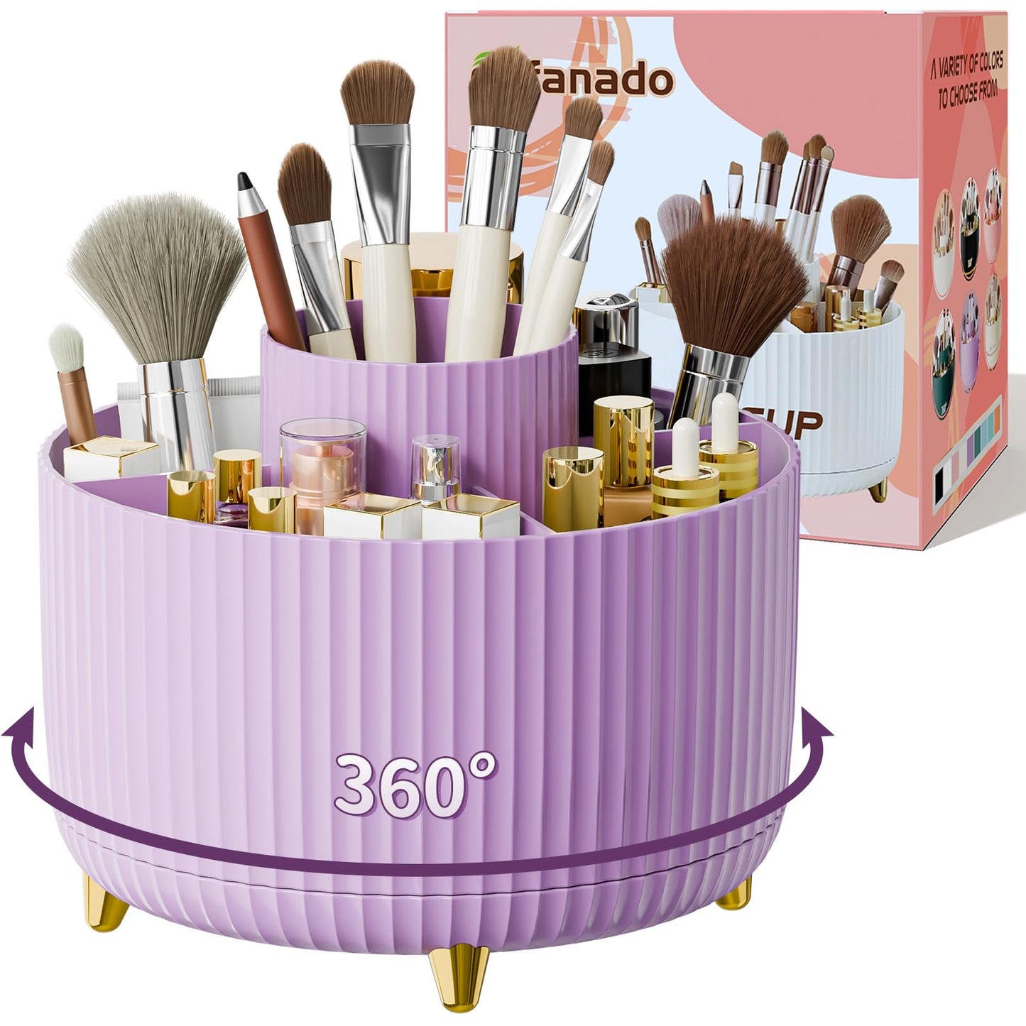 fanado 360° Rotating Makeup Organiser, Makeup Brush Holder, 5 Compartment Makeup and Skincare Storage for Vanity, Desktop, Bathroom (Purple)