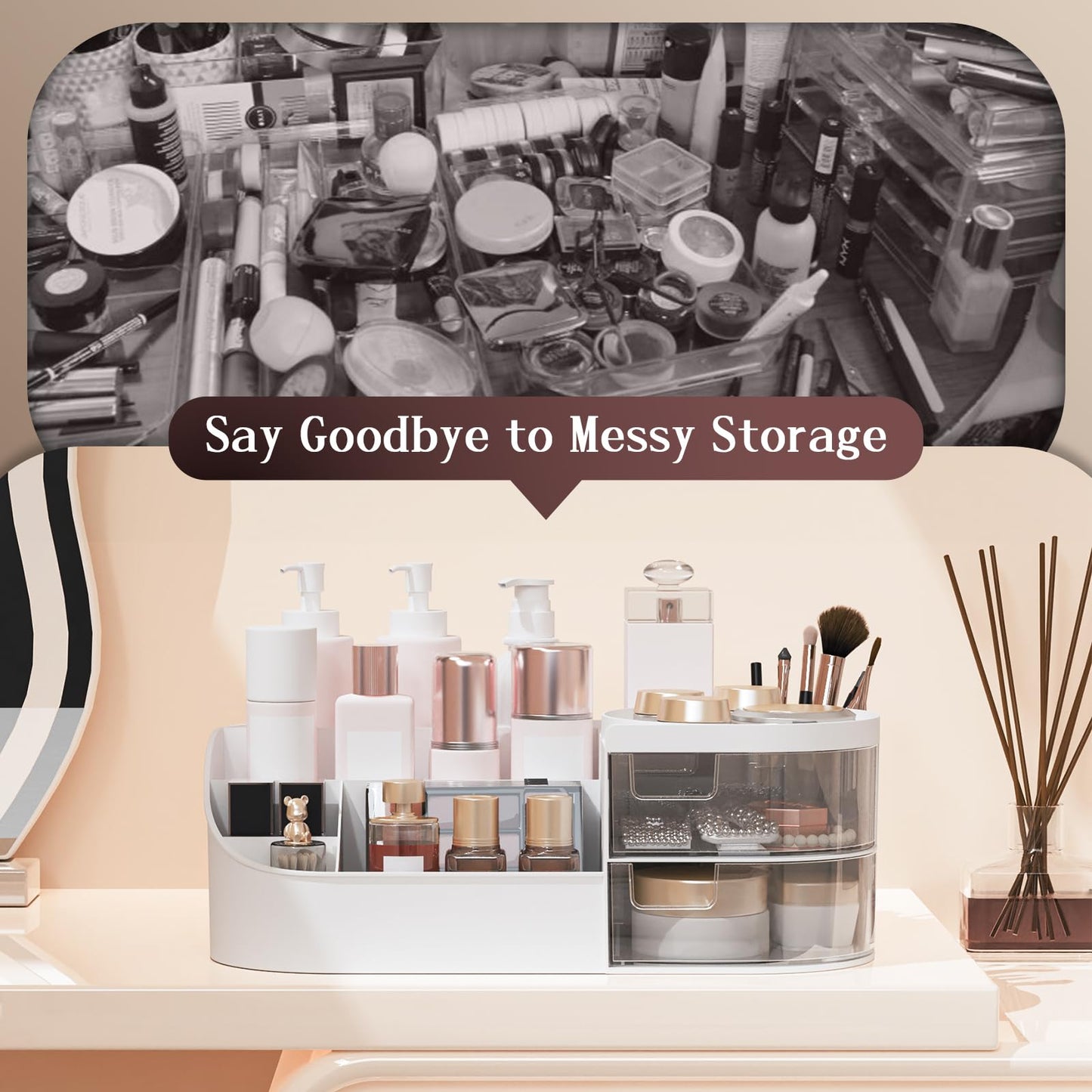 Makeup Organiser, Large Capacity Cosmetic Organisers for Beauty Skincare Jewelry, Make Up Storage Cosmetic Dressing Table Organiser Makeup Box with Drawer for Bedroom Bathroom Dresser Office (White)