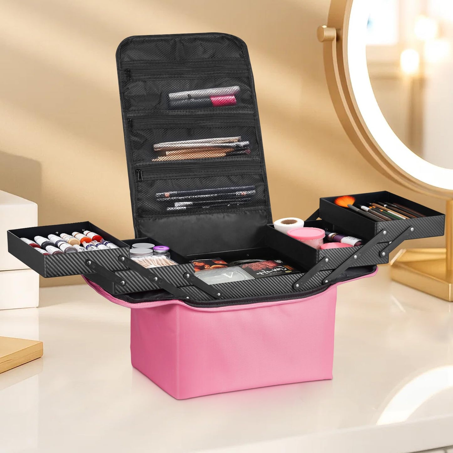 Makeup Case Large Vanity Case – 29x21x27cm Portable Cosmetic Organiser with Shoulder Strap – Professional Make Up Case for Travel & Home, Durable Nylon Storage Beauty Box