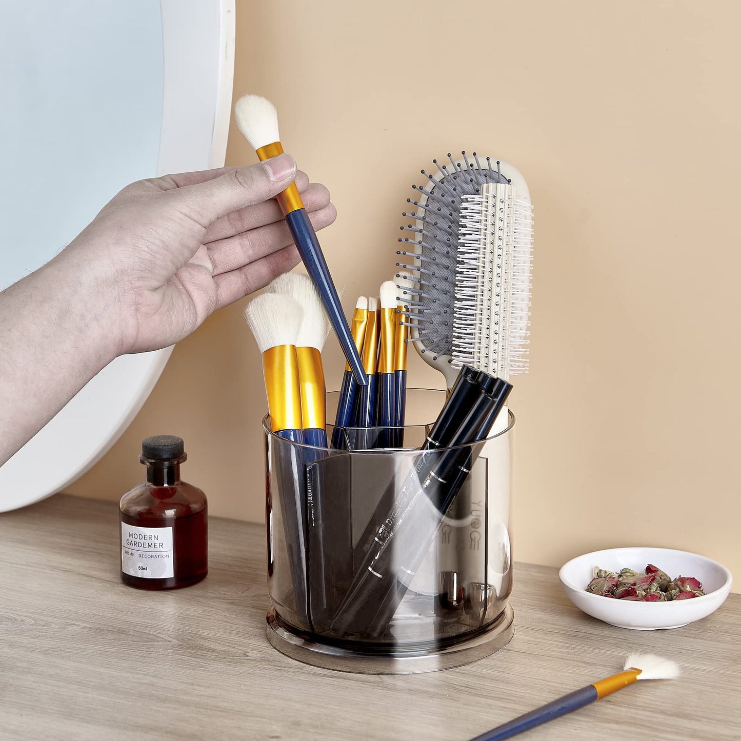 Makeup Brush Holder Organizer -Rotating 360° Clear Storage Cup Containers for Vanity, Desk, Countertop, Spinning Pen Holder for Desk, Round Make up Brush Stand with 5 Slots (Clear)