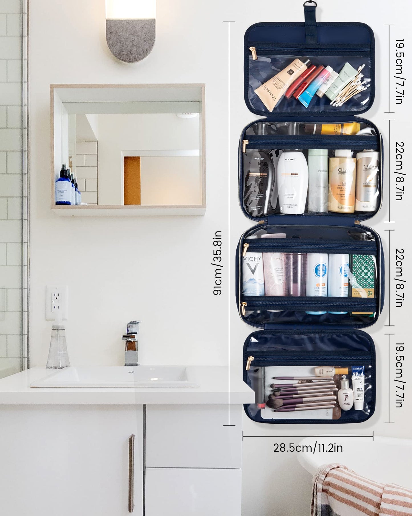 LOVEVOOK Toiletry Bag Hanging Travel Wash Bag for Women, Waterproof Toiletries Makeup Bags with Hook, Large Cosmetic Organizer Ladies, for Full Sized Container