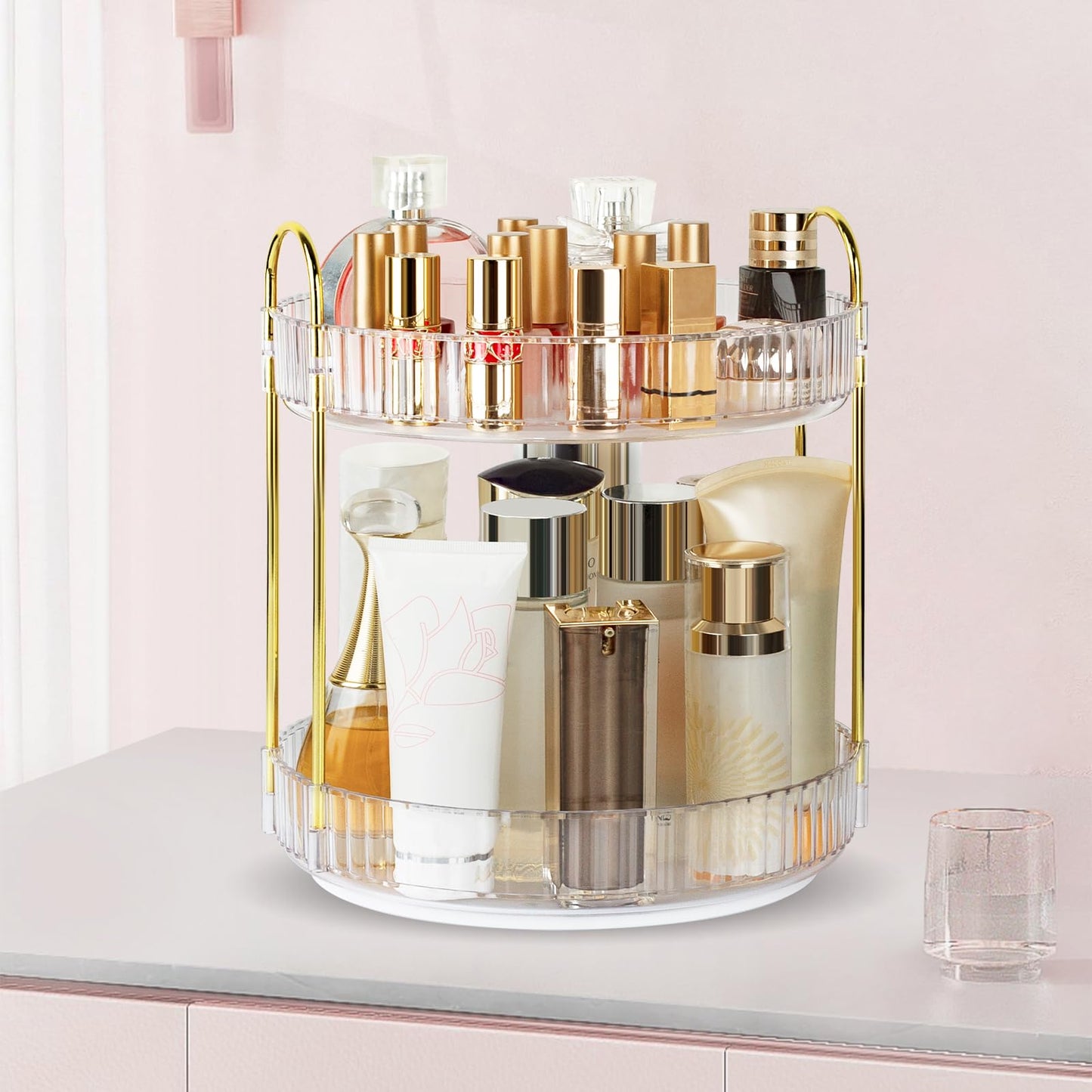 Boxalls Make up Organiser 360° Rotating, 3 Tier Large Capacity Bathroom Organizer, Cosmetics Vanity Storage, Dressing Table Organiser, Skincare Spinning Carousel for Skincare Perfume (3 Tiers, Green)