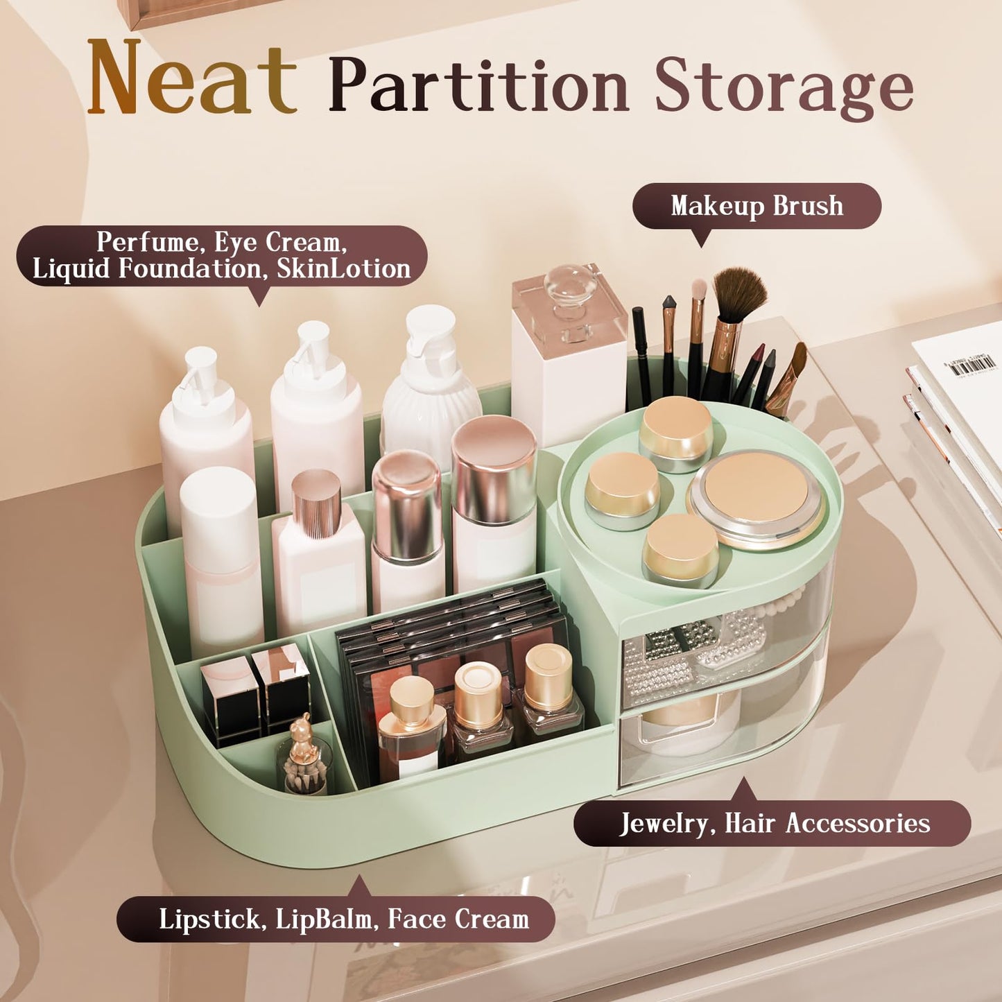 Makeup Organiser, Large Capacity Cosmetic Organisers for Beauty Skincare Jewelry, Make Up Storage Cosmetic Dressing Table Organiser Makeup Box with Drawer for Bedroom Bathroom Dresser Office (White)