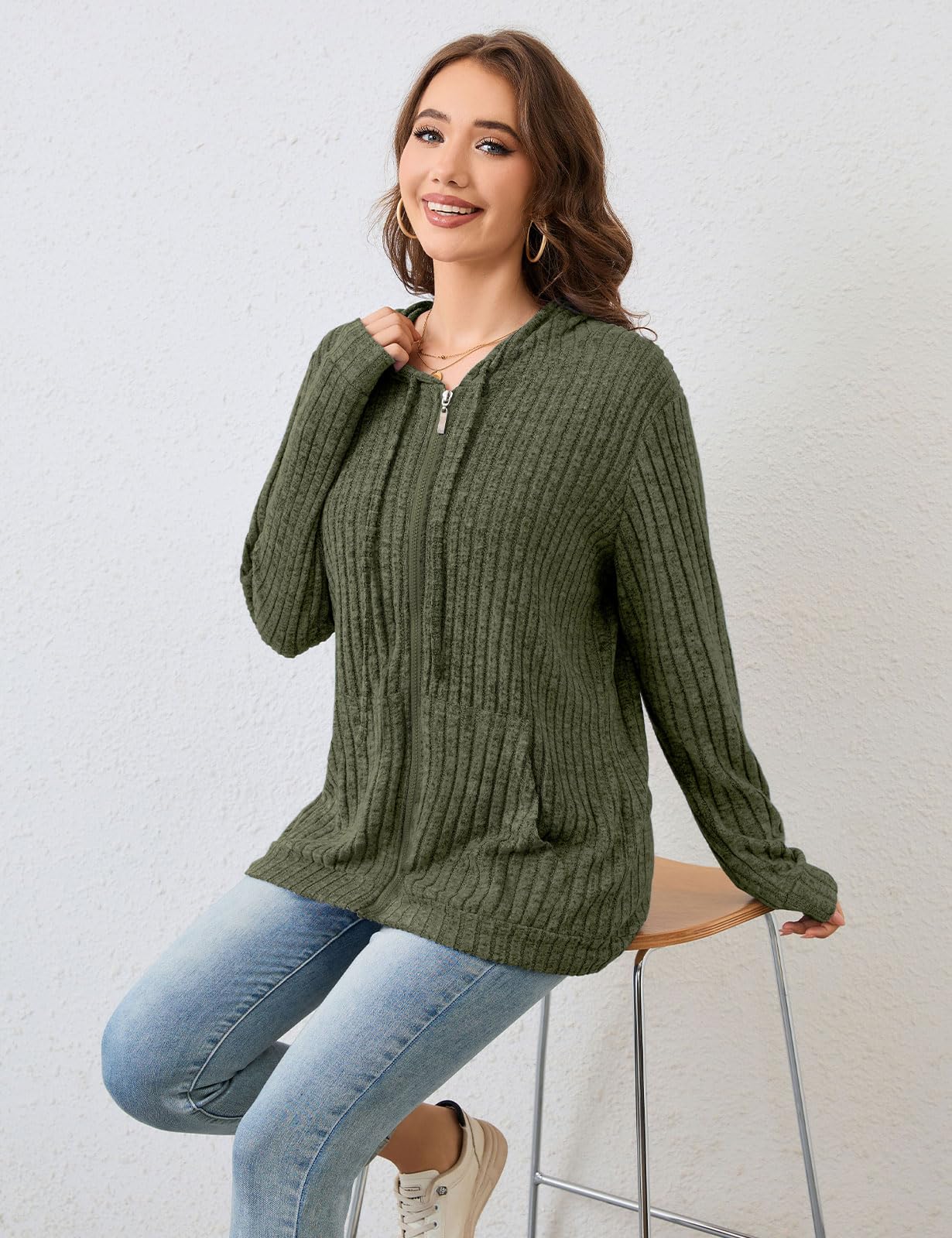 Flikity Womens Cardigans Zip Up Ladies Hoodies with Large Pockets Long Sleeve Tunic Tops Ladies Lightweight Jackets Casual Work Clothes M-XXL