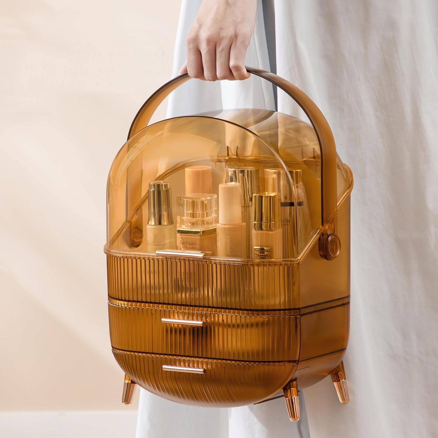 Makeup Organizer Box, Clear Cover Cosmetic Display Case with Two Tier Storage Box and Brush Storage Box, Skincare Organizers for Bathroom Countertop, Bedroom Vanity Desk and Travel (White)