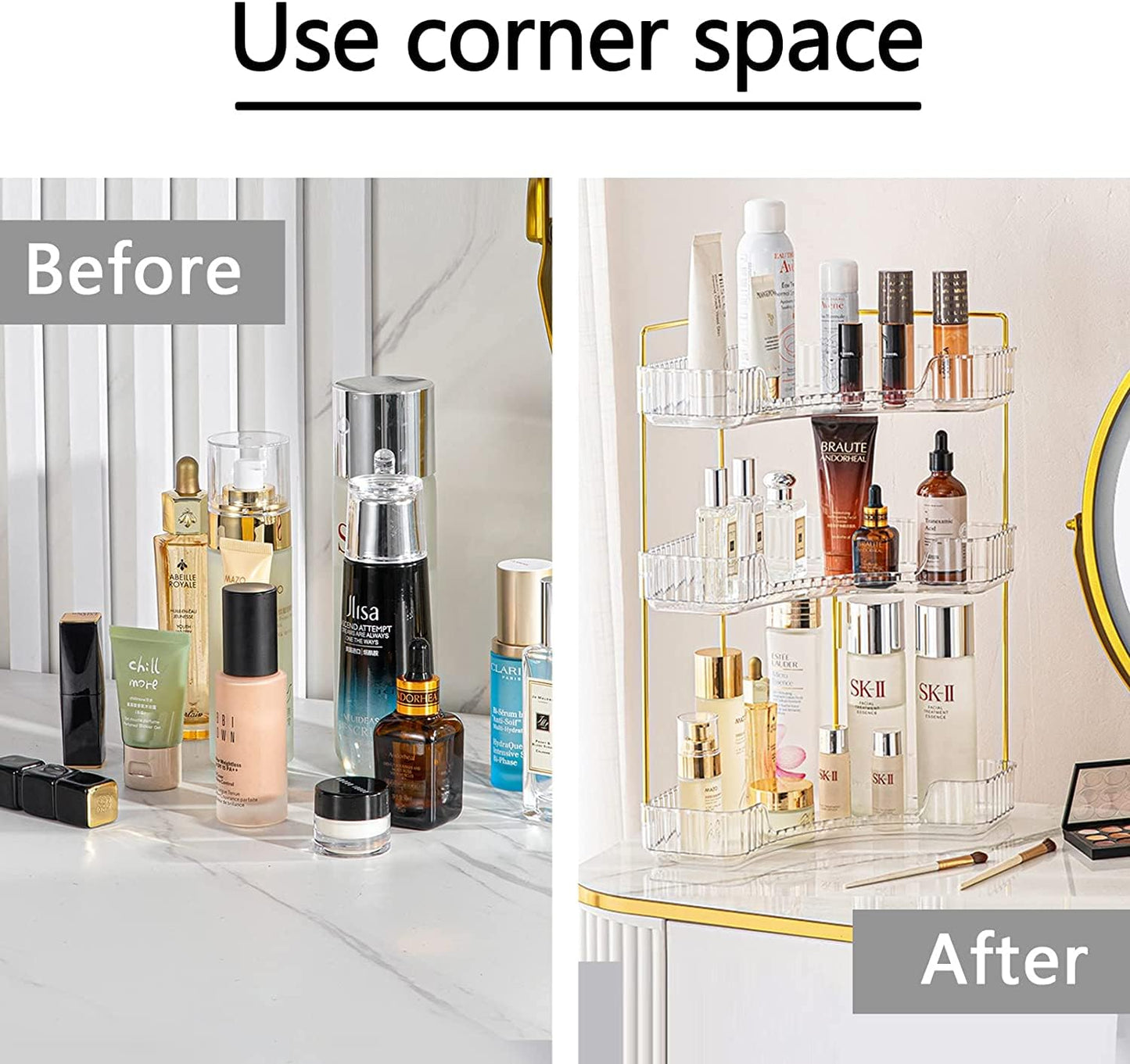 Bingobang Makeup Organiser Corner Trays, 3 Tiers Skincare Cosmetic Organizer Acrylic Large, Storage Tidy for Lipstick, Nail Care, Perfume, Brush, Vanity Dresser, Bedroom, Kitchen, Bathroom(Grey)