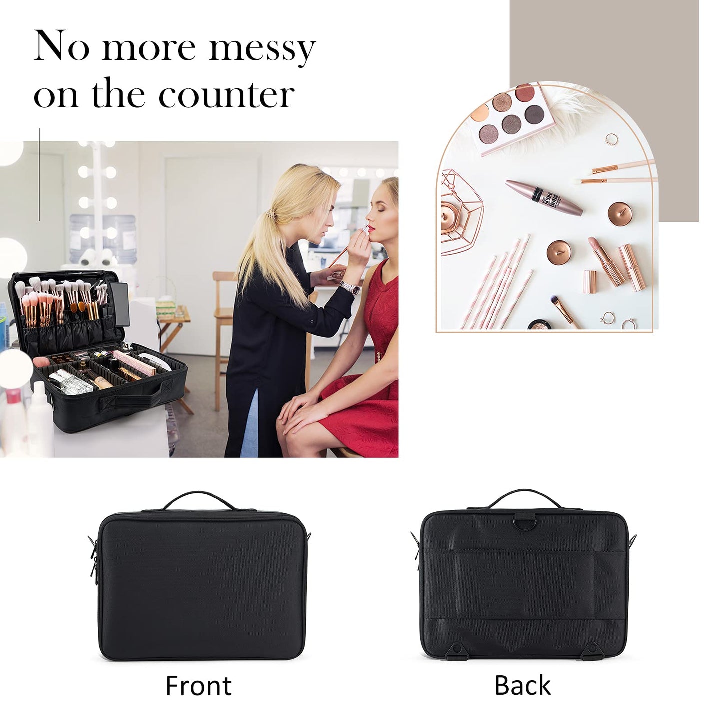 Joligrace Large PU Leather Professional Makeup Bag with Removable Back Strap Cosmetic Case Beauty Box Hairdressing Tools Organiser Storage Box, Marble