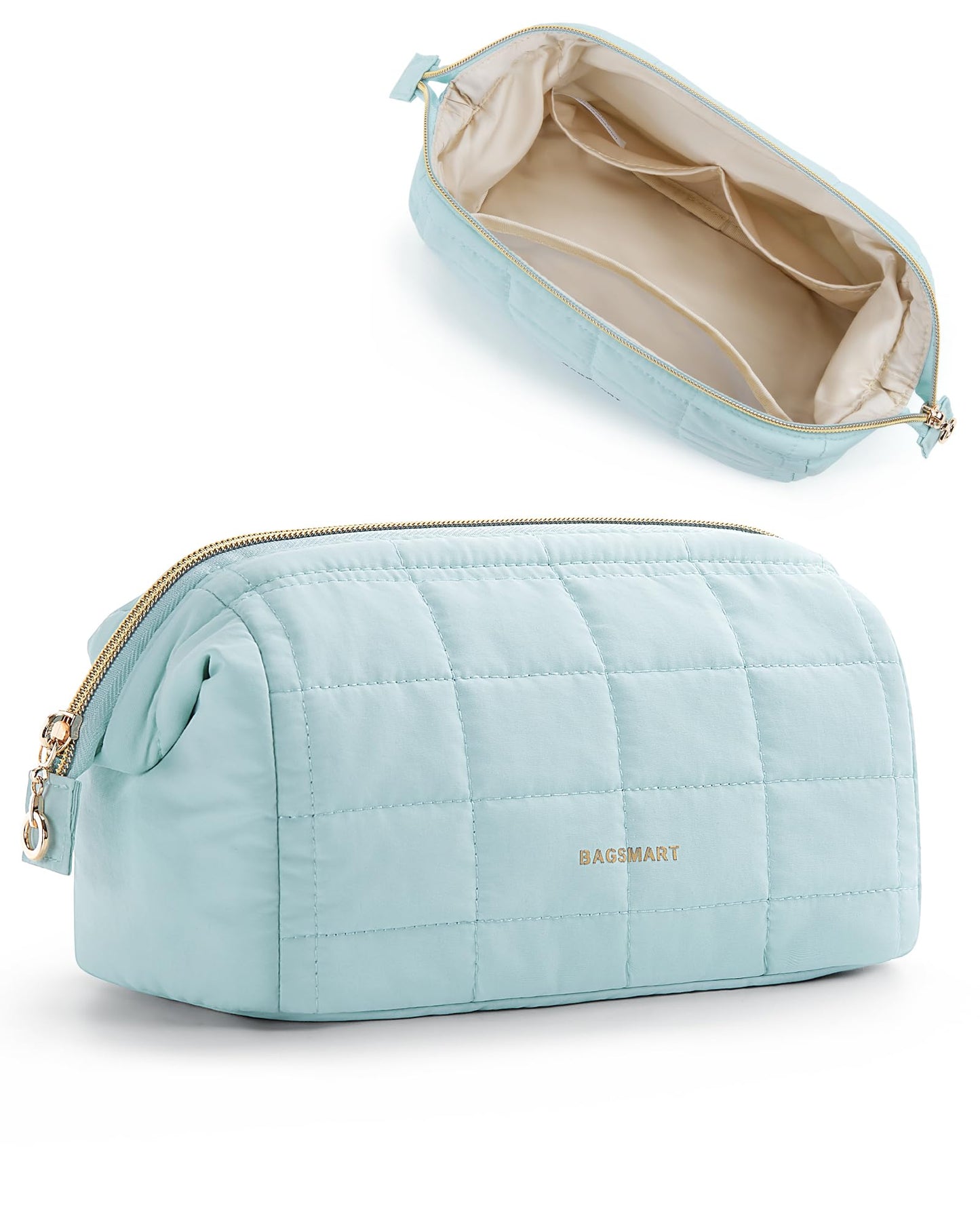 BAGSMART Makeup Bag Travel Cosmetic Bag, Puffy Padded Make Up Bags for Women, Large Capacity Wide-Open Travel-Size Toiletries Pouch, Purple