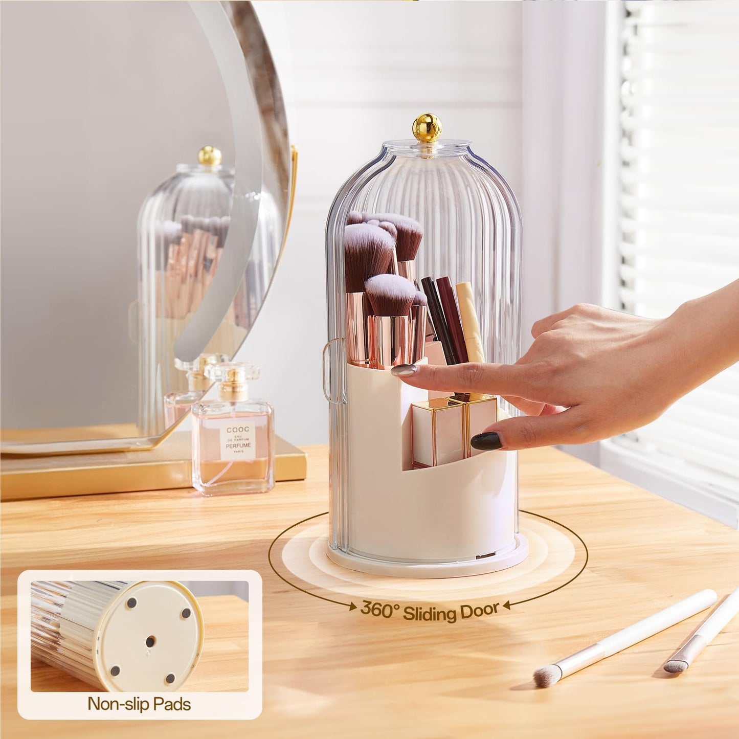 Makeup Brush Holder Rotating Organiser with Clear Lid,Sliding Opening Dustproof Makeup Brush Case Make up Organizer Storage for Dressing Table Organiser,Vanity,White Black