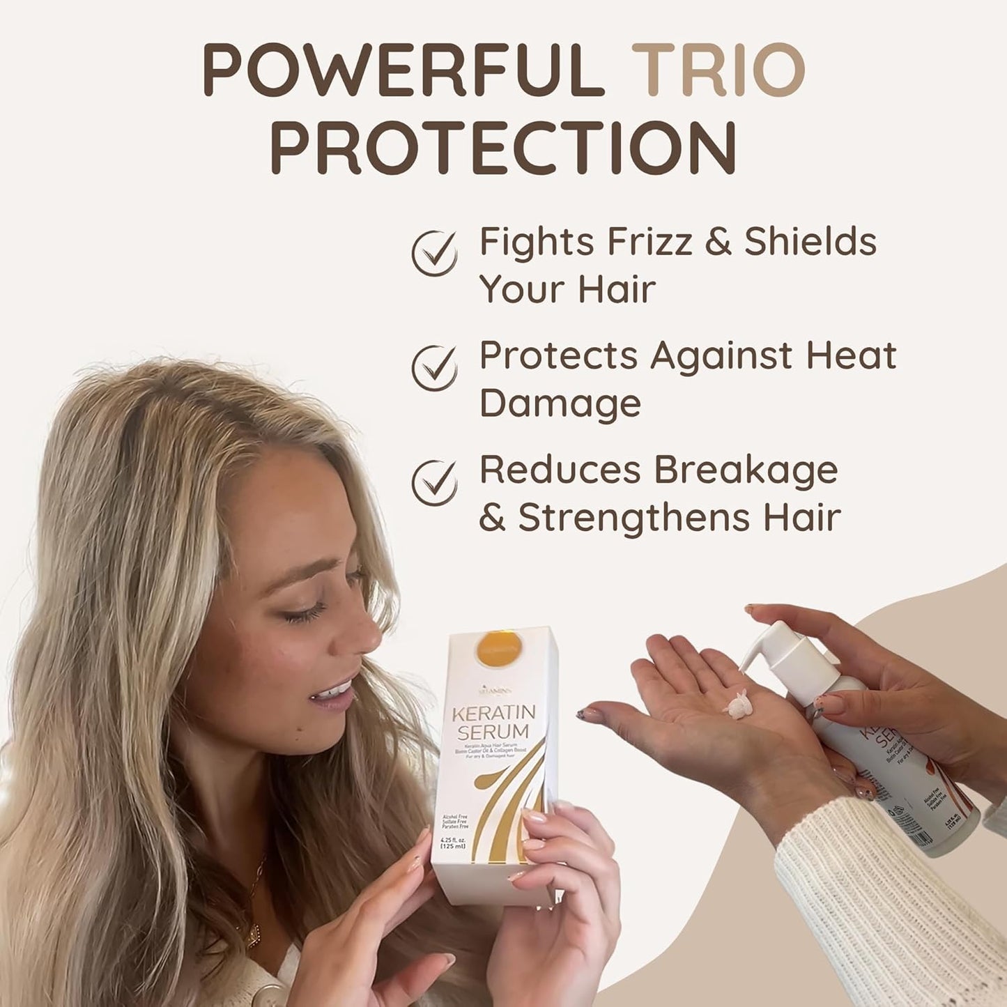 VITAMINS hair cosmetics Hair Serum for Frizzy Mane - Keratin Hair Treatment, Anti Frizz Moisturiser for Dry Damaged Locks - Heat Protection and Strengthening with Biotin & Collagen