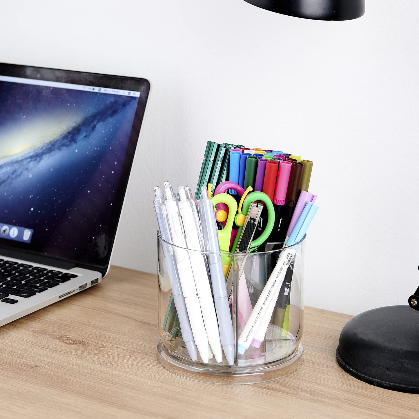 Makeup Brush Holder Organizer -Rotating 360° Clear Storage Cup Containers for Vanity, Desk, Countertop, Spinning Pen Holder for Desk, Round Make up Brush Stand with 5 Slots (Clear)