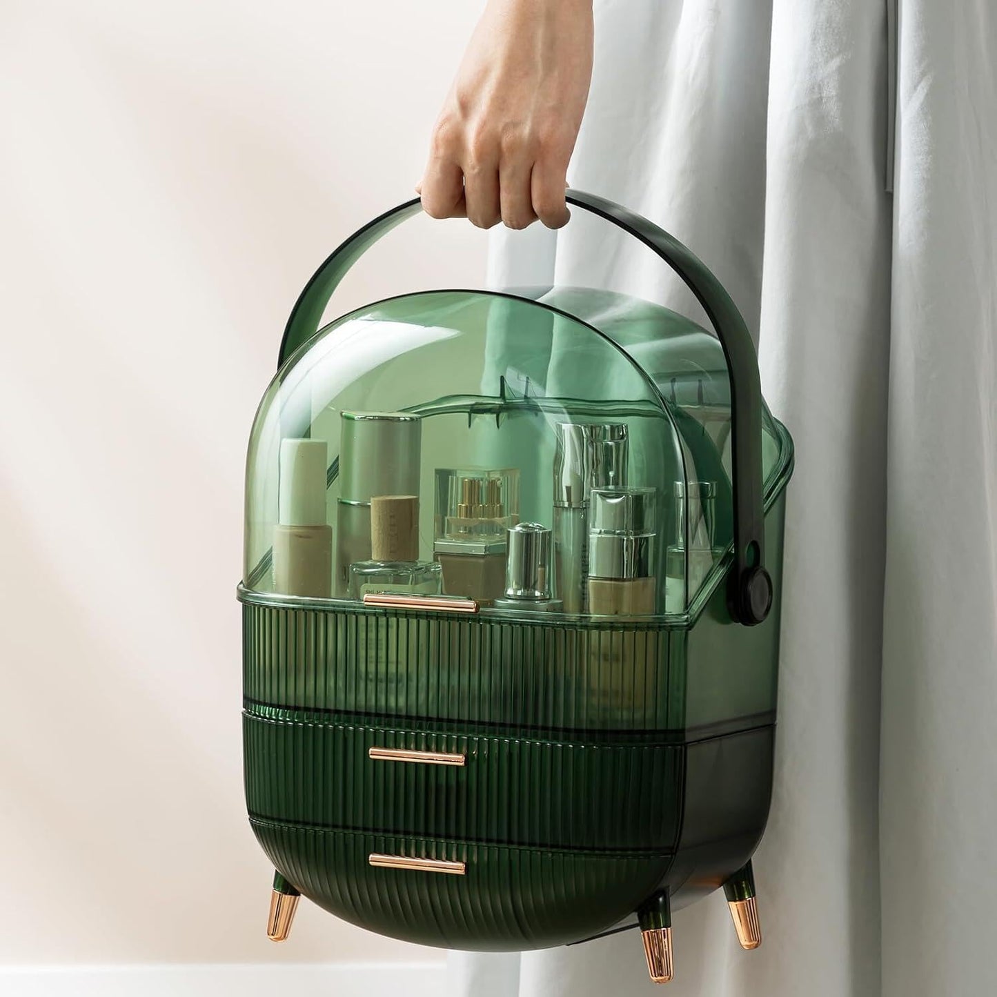 Makeup Organizer Box, Clear Cover Cosmetic Display Case with Two Tier Storage Box and Brush Storage Box, Skincare Organizers for Bathroom Countertop, Bedroom Vanity Desk and Travel (White)