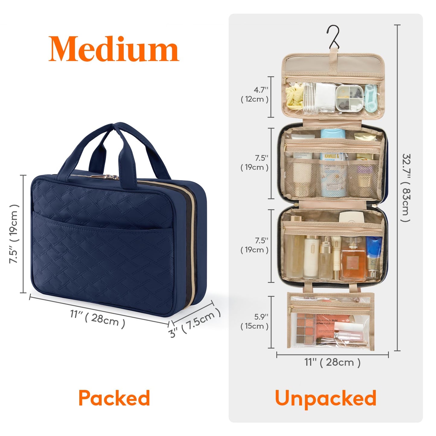 Lifewit Travel Toiletry Bag, Large Hanging Makeup Bag Organizer for Women, Transparent Travel Cosmetic Bag with Hanging Hook for Full Size Bottles, Vacation Essentials, Medium,Dark Blue