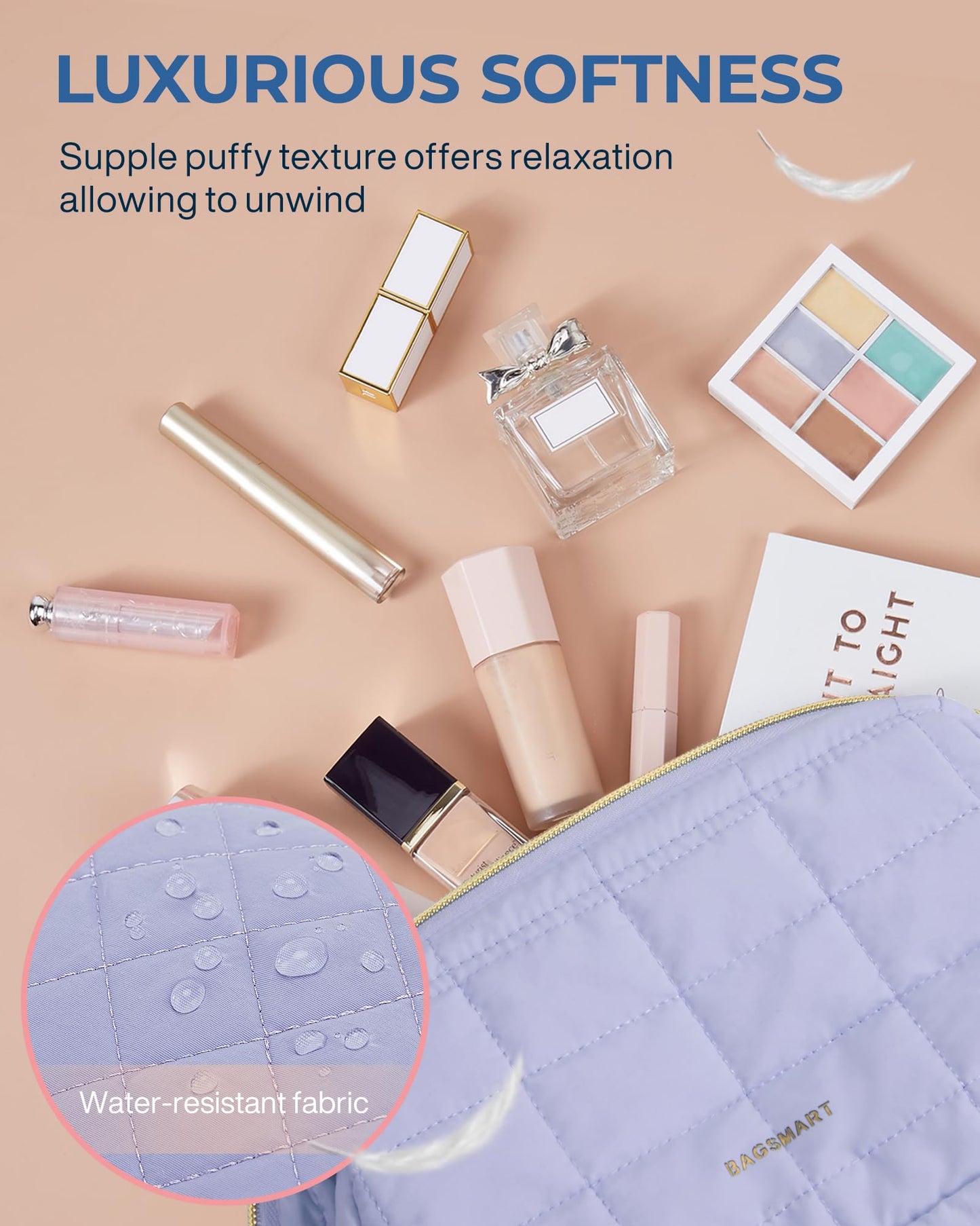 BAGSMART Makeup Bag Travel Cosmetic Bag, Puffy Padded Make Up Bags for Women, Large Capacity Wide-Open Travel-Size Toiletries Pouch, Purple