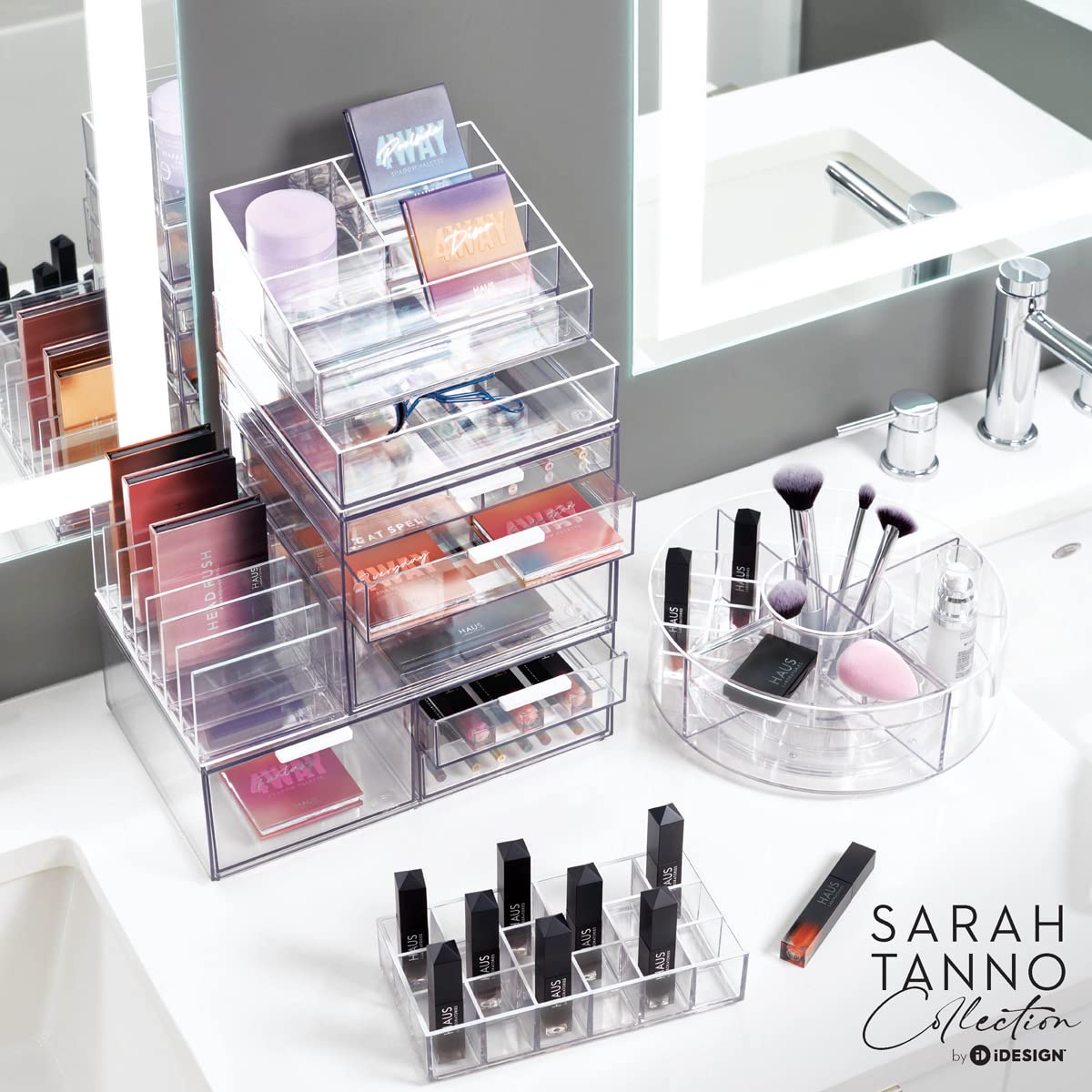 iDesign Storage Drawer from the Signature Series by Sarah Tanno, Rectangular PET Makeup Tray for Beauty Products, Cosmetic Organiser System, Clear/Matte White, 10.2 cm x 20.3 cm x 5 cm