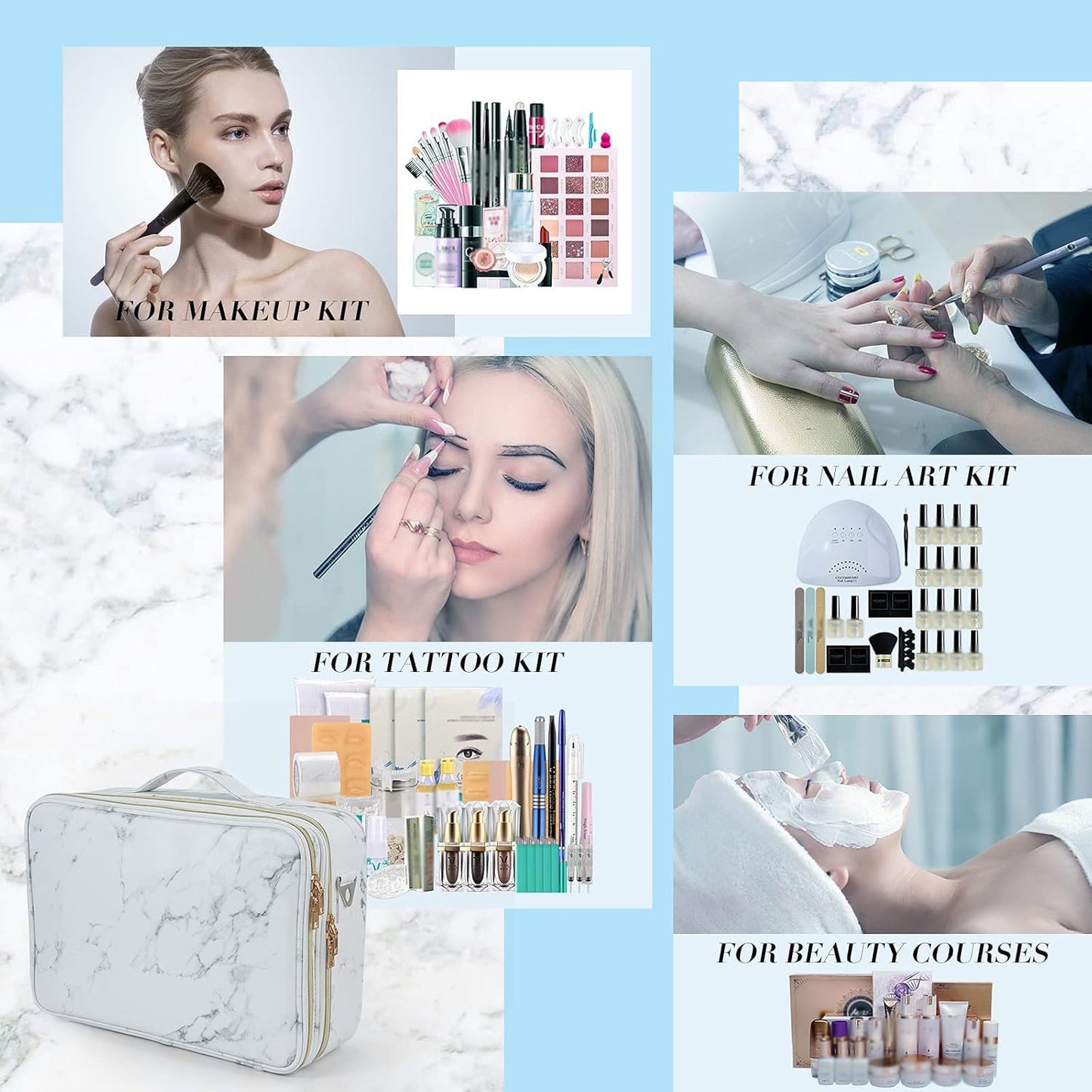 Joligrace Large PU Leather Professional Makeup Bag with Removable Back Strap Cosmetic Case Beauty Box Hairdressing Tools Organiser Storage Box, Marble