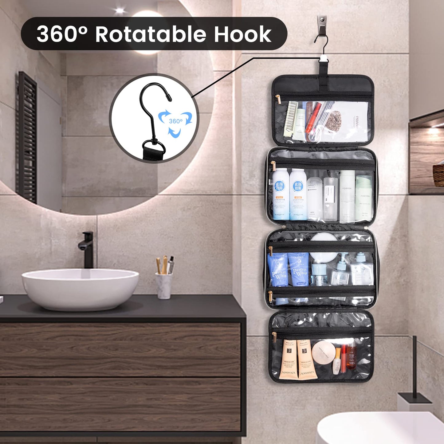 LOVEVOOK Toiletry Bag Hanging Travel Wash Bag for Women, Waterproof Toiletries Makeup Bags with Hook, Large Cosmetic Organizer Ladies, for Full Sized Container