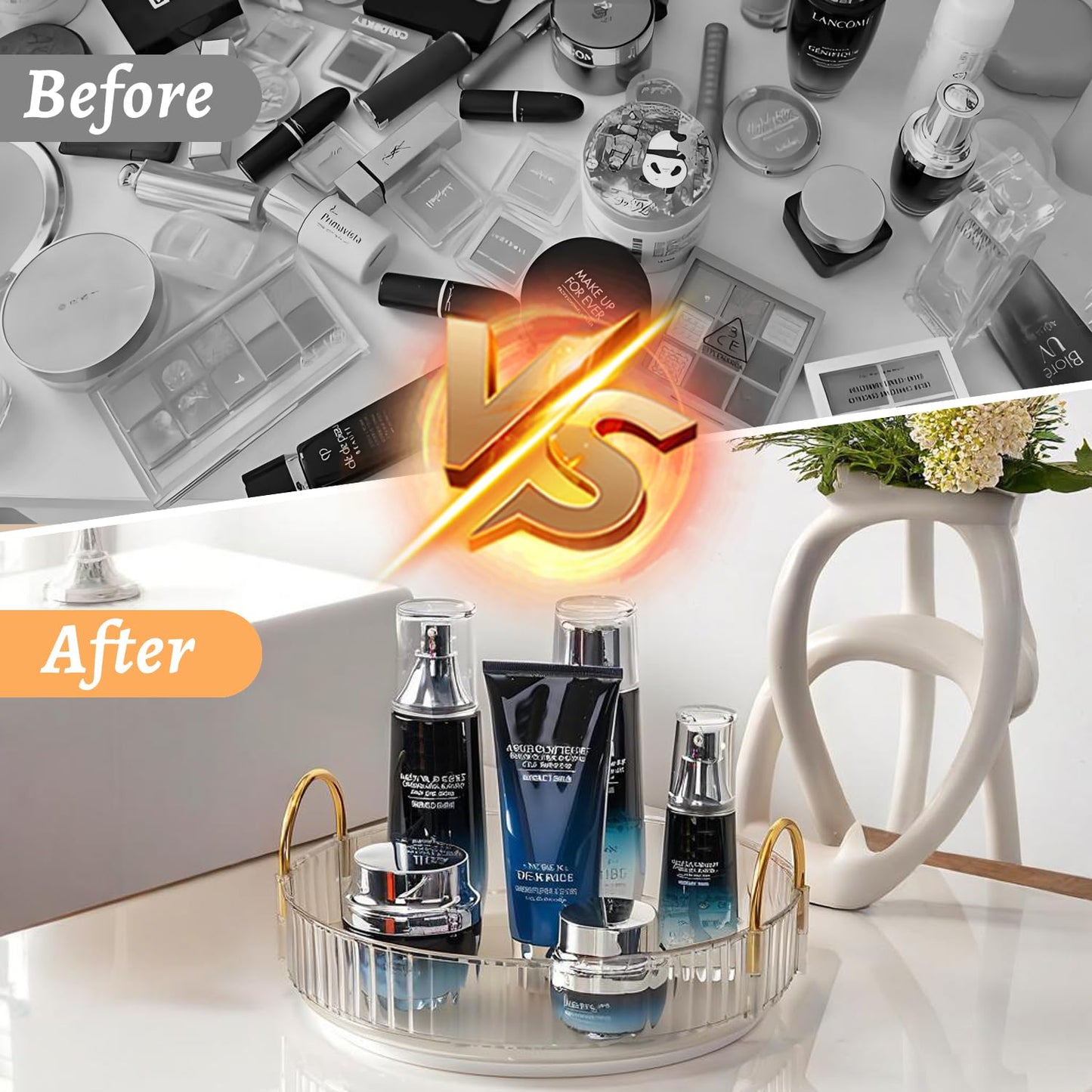 Makeup Organizer for Vanity 360 Rotating, Large Capacity Cosmetic Organisers for Lipsticks, Jewelry, Nail Care, Skincare, Perfume, Ideal Desk Organizer for Dresser, Bathroom and Kitchen(Gold, 1 Tier)