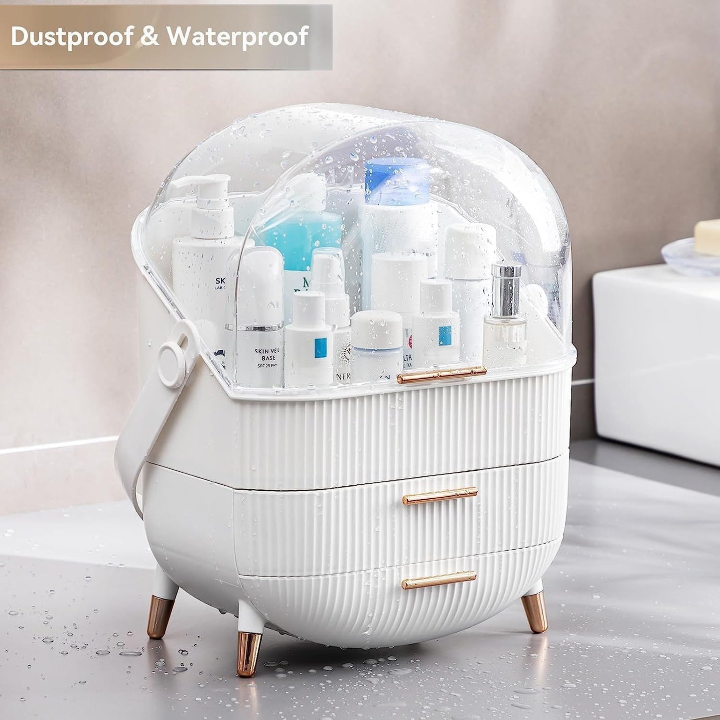 Makeup Organizer Box, Clear Cover Cosmetic Display Case with Two Tier Storage Box and Brush Storage Box, Skincare Organizers for Bathroom Countertop, Bedroom Vanity Desk and Travel (White)