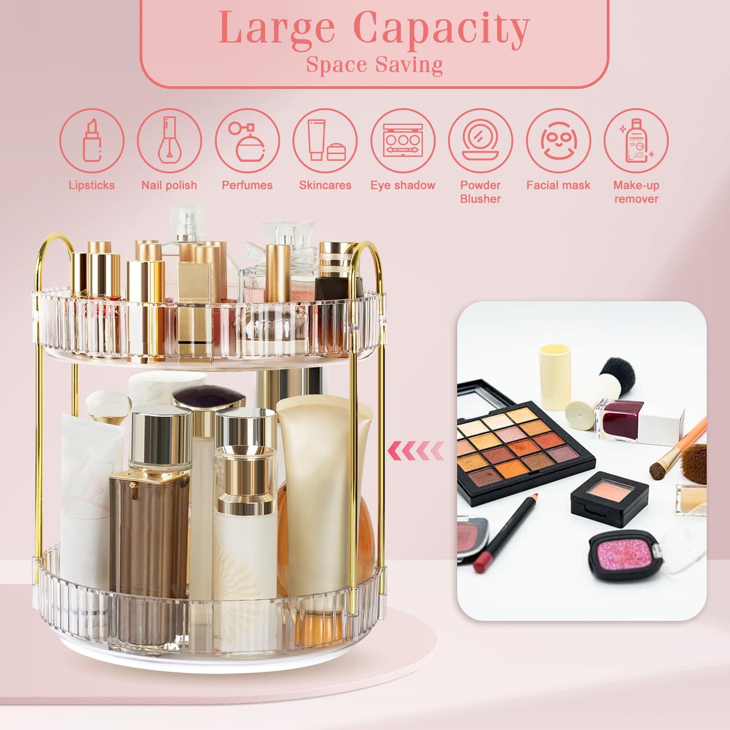 Boxalls Make up Organiser 360° Rotating, 3 Tier Large Capacity Bathroom Organizer, Cosmetics Vanity Storage, Dressing Table Organiser, Skincare Spinning Carousel for Skincare Perfume (3 Tiers, Green)