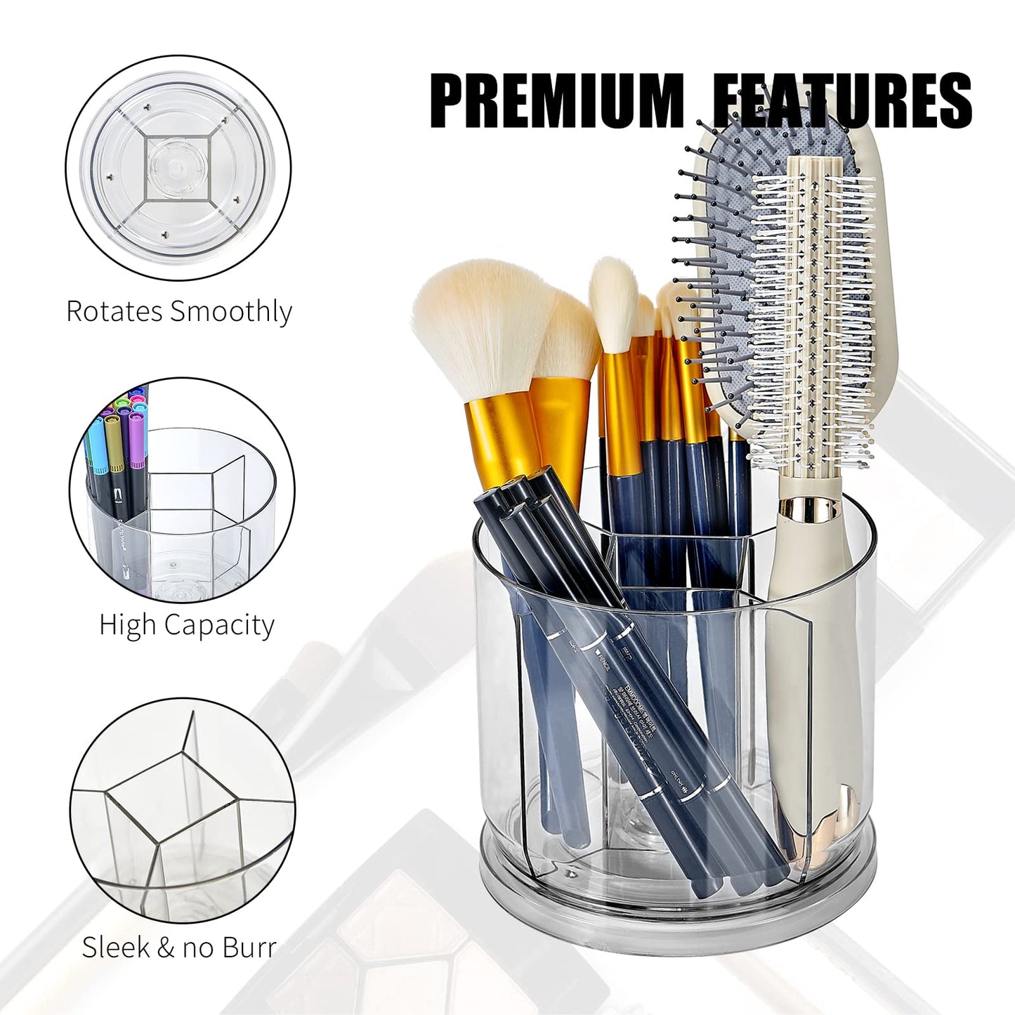 Makeup Brush Holder Organizer -Rotating 360° Clear Storage Cup Containers for Vanity, Desk, Countertop, Spinning Pen Holder for Desk, Round Make up Brush Stand with 5 Slots (Clear)