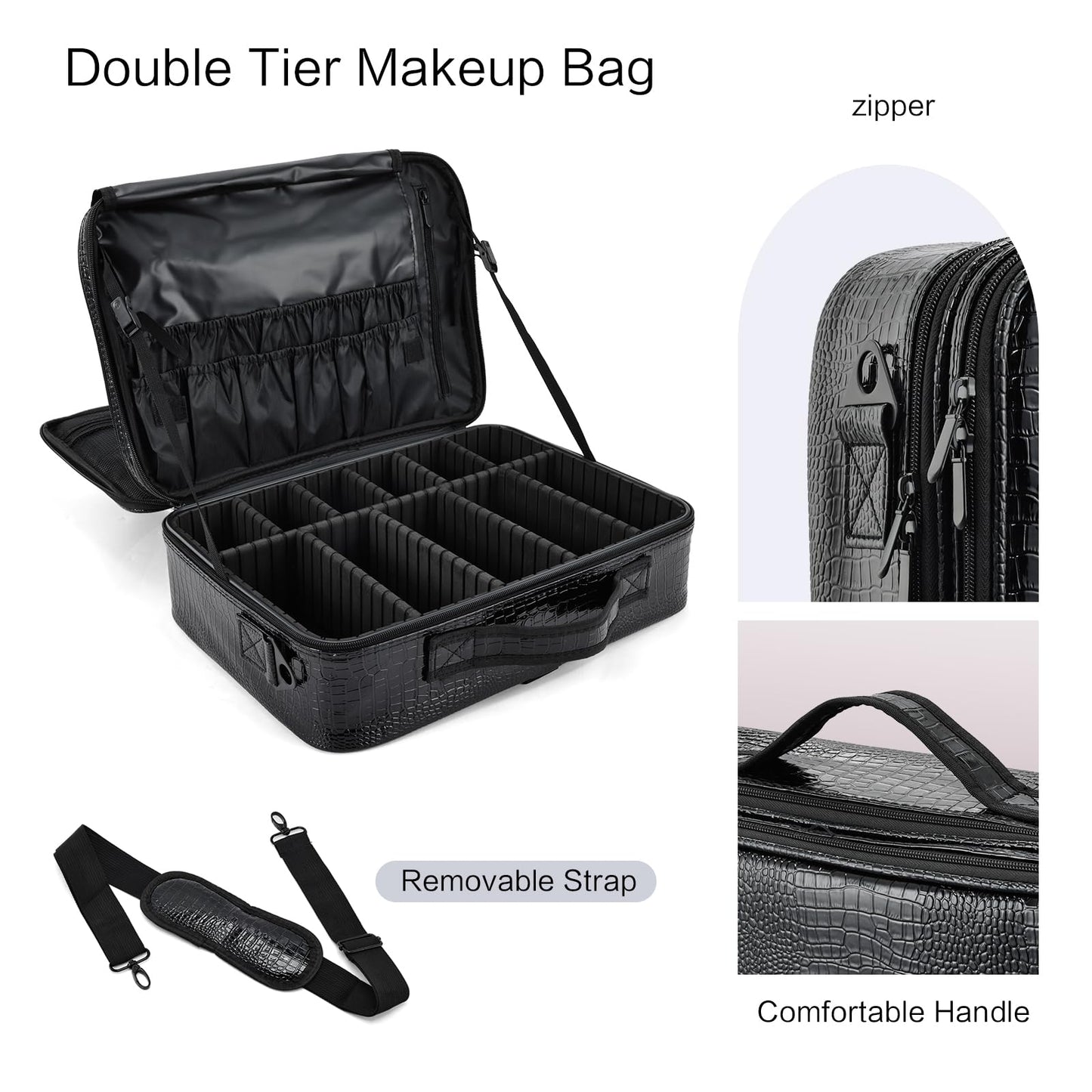 Joligrace Large PU Leather Professional Makeup Bag with Removable Back Strap Cosmetic Case Beauty Box Hairdressing Tools Organiser Storage Box, Marble