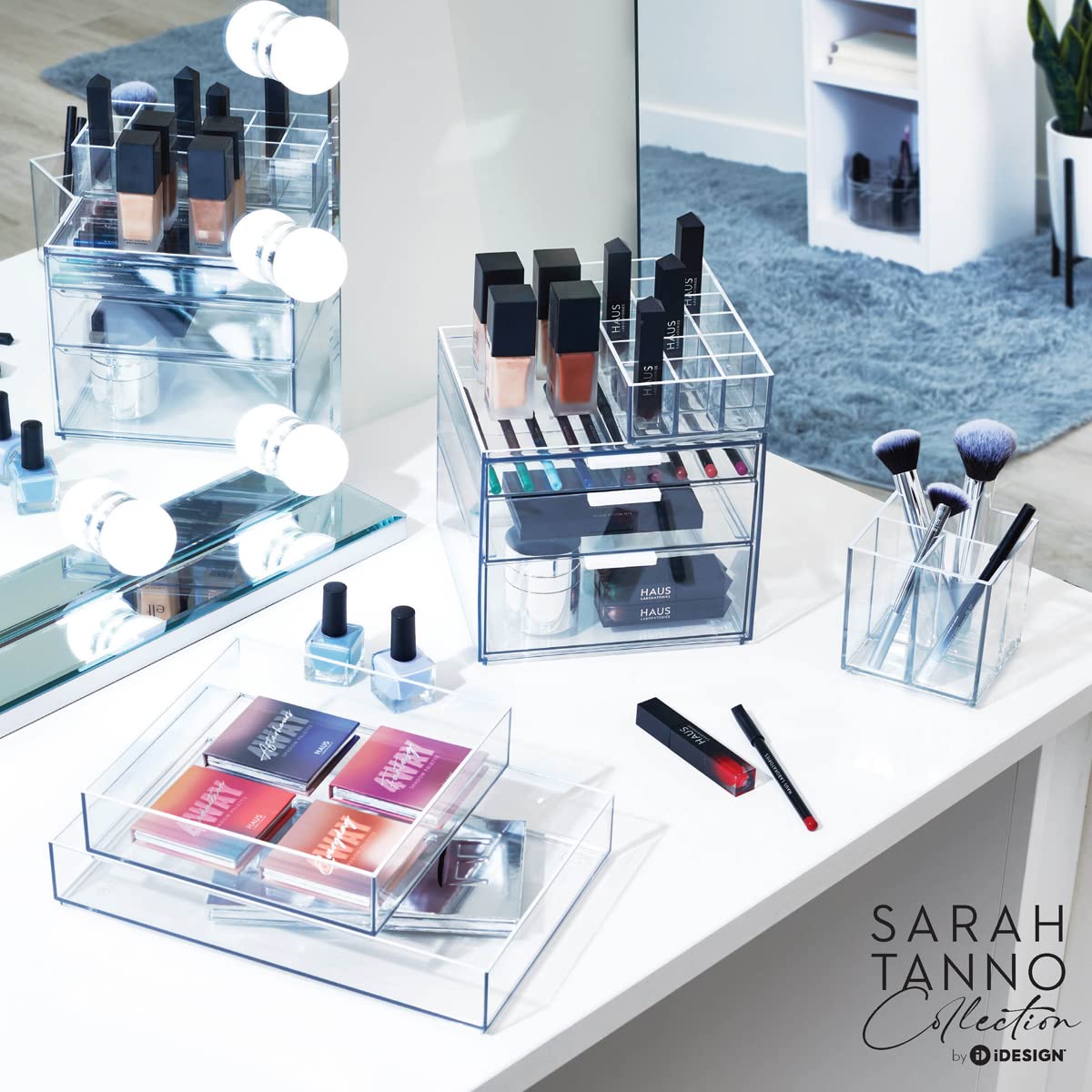 iDesign Storage Drawer from the Signature Series by Sarah Tanno, Rectangular PET Makeup Tray for Beauty Products, Cosmetic Organiser System, Clear/Matte White, 10.2 cm x 20.3 cm x 5 cm