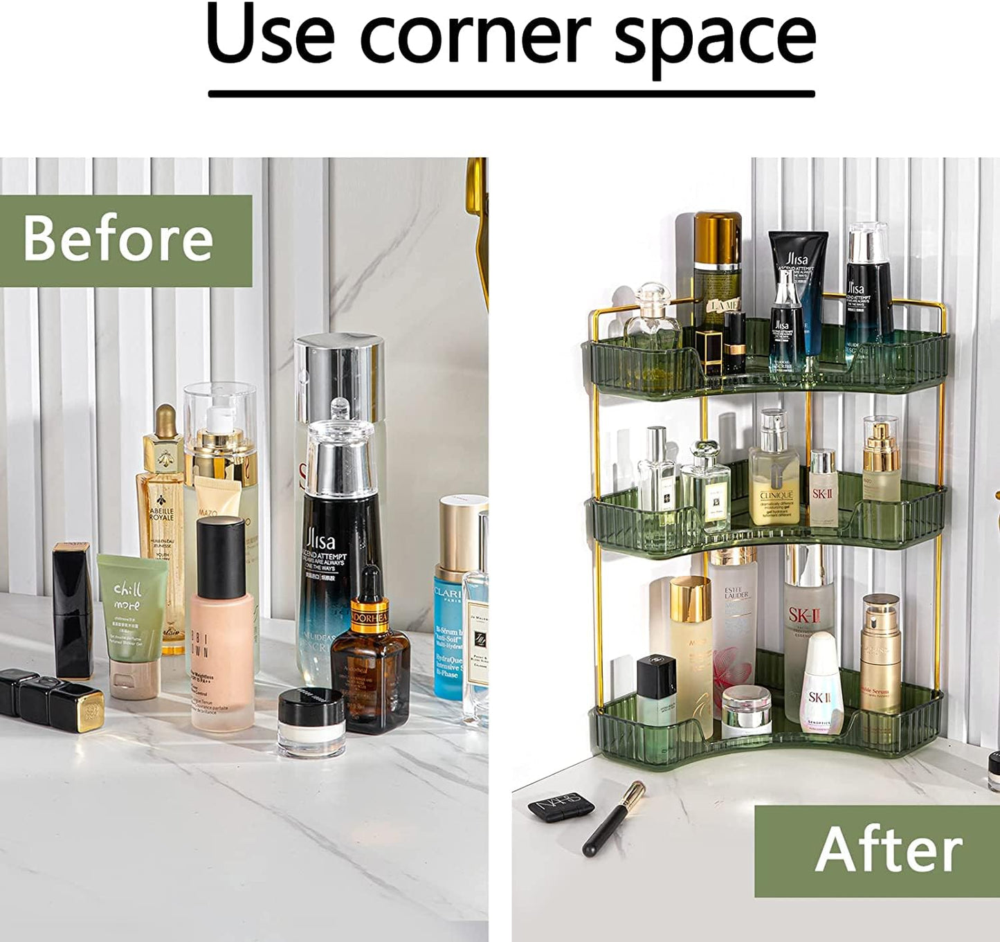 Bingobang Makeup Organiser Corner Trays, 3 Tiers Skincare Cosmetic Organizer Acrylic Large, Storage Tidy for Lipstick, Nail Care, Perfume, Brush, Vanity Dresser, Bedroom, Kitchen, Bathroom(Grey)