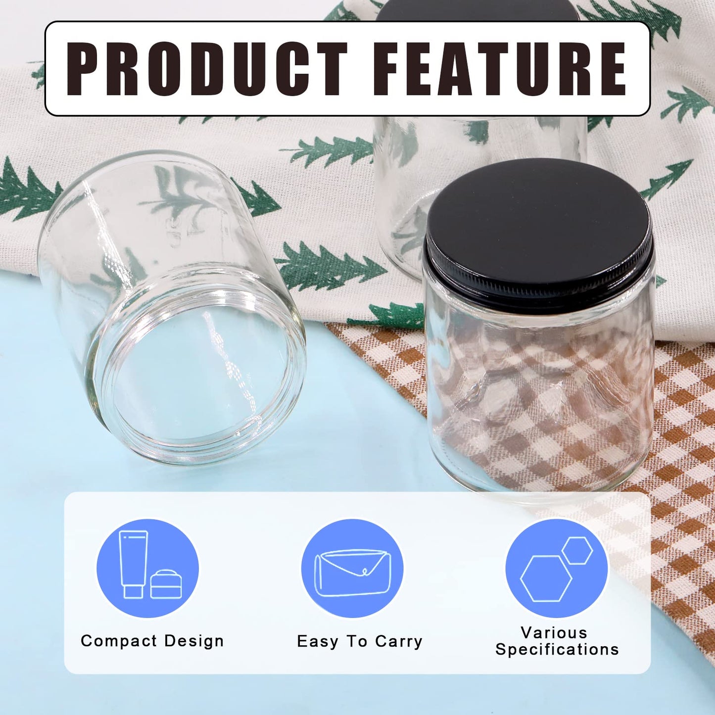 Glarks 8 Pack 8oz/240ml Glass Jars with Lids, Round Clear Glass Jars with Inner Liner and Black Lids for Storing Creams, Beauty Products, Cosmetic and Ointments