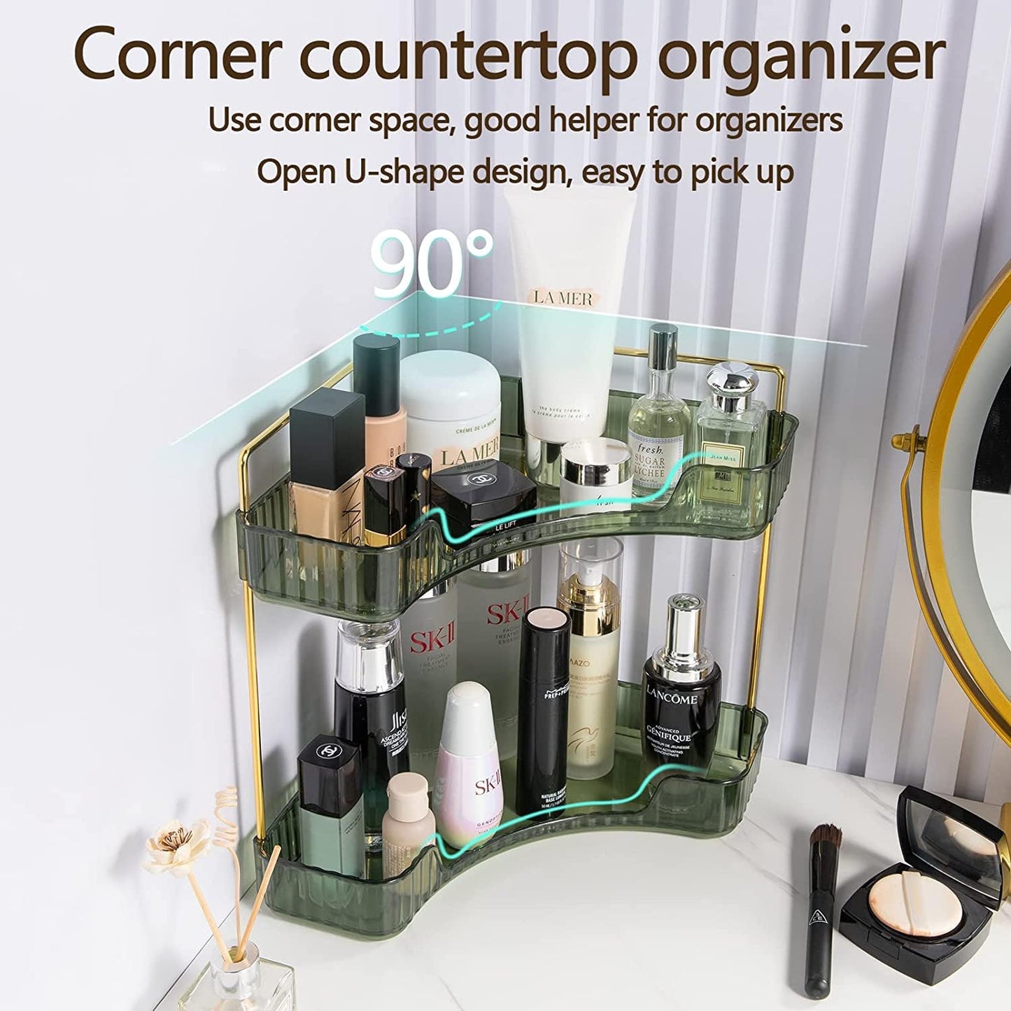 Bingobang Makeup Organiser Corner Trays, 3 Tiers Skincare Cosmetic Organizer Acrylic Large, Storage Tidy for Lipstick, Nail Care, Perfume, Brush, Vanity Dresser, Bedroom, Kitchen, Bathroom(Grey)