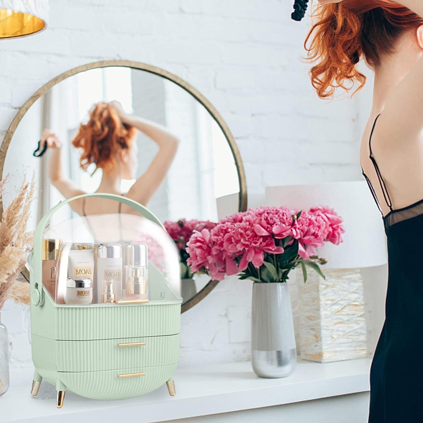 Makeup Organizer Box, Clear Cover Cosmetic Display Case with Two Tier Storage Box and Brush Storage Box, Skincare Organizers for Bathroom Countertop, Bedroom Vanity Desk and Travel (White)