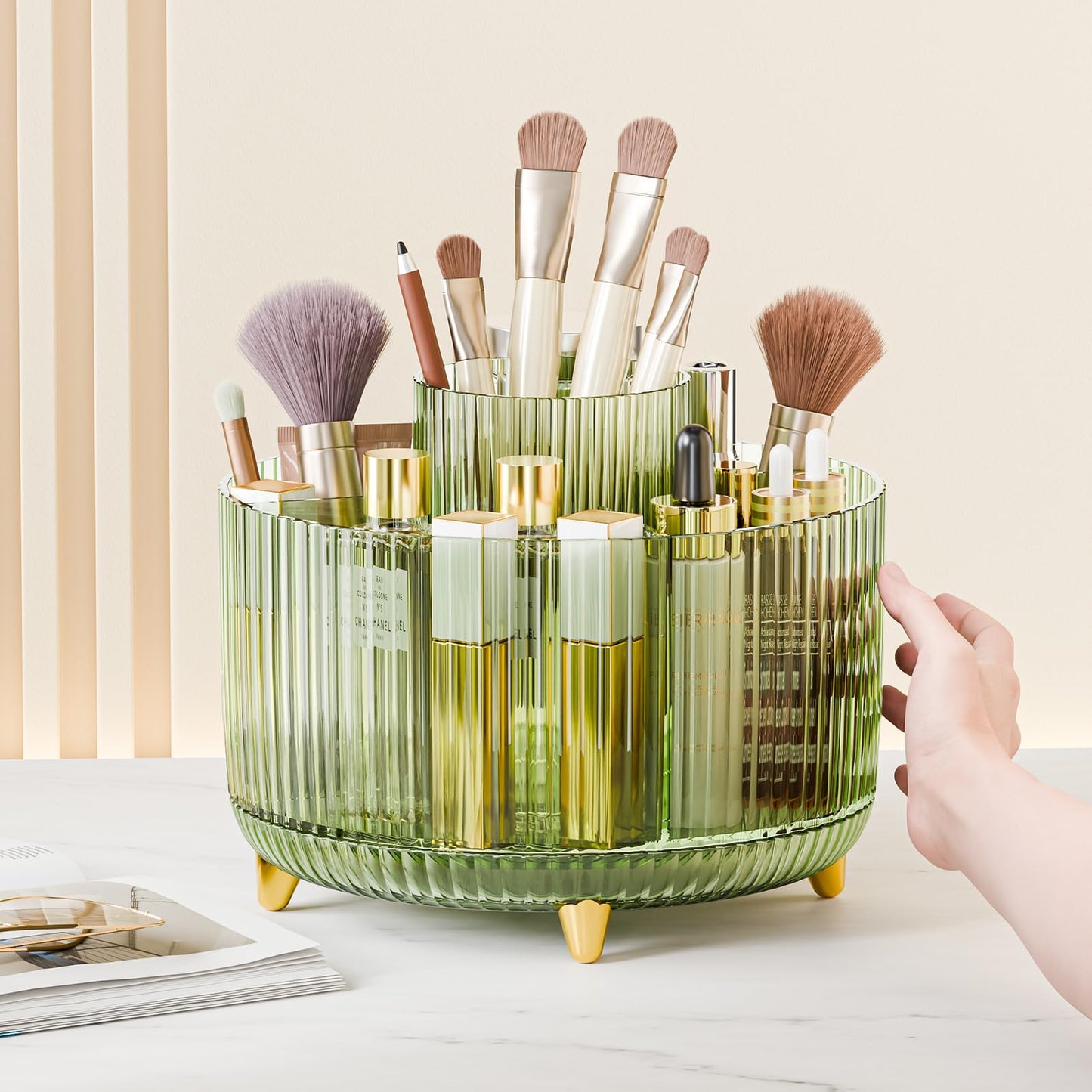 fanado 360° Rotating Makeup Organiser, Makeup Brush Holder, 5 Compartment Makeup and Skincare Storage for Vanity, Desktop, Bathroom (Purple)