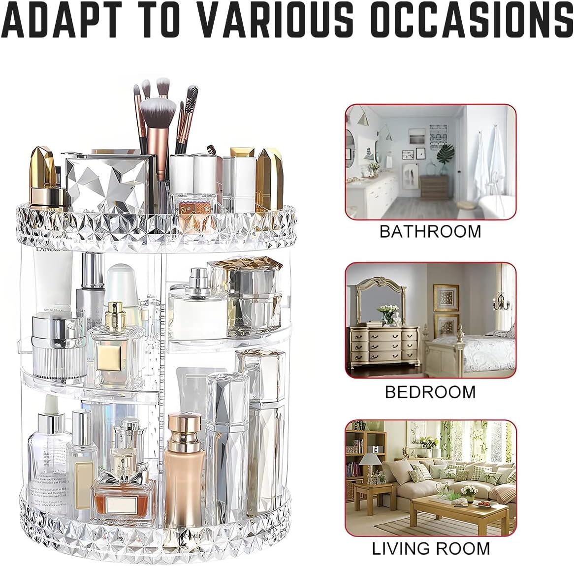 3 Tiers Rotating Makeup Organizer with Compartment 360° Rotating Makeup Stand Display Case Large Capacity Cosmetic Display Box Clear for Dresser Bathroom Skincare,Lipsticks,Makeup Brushes