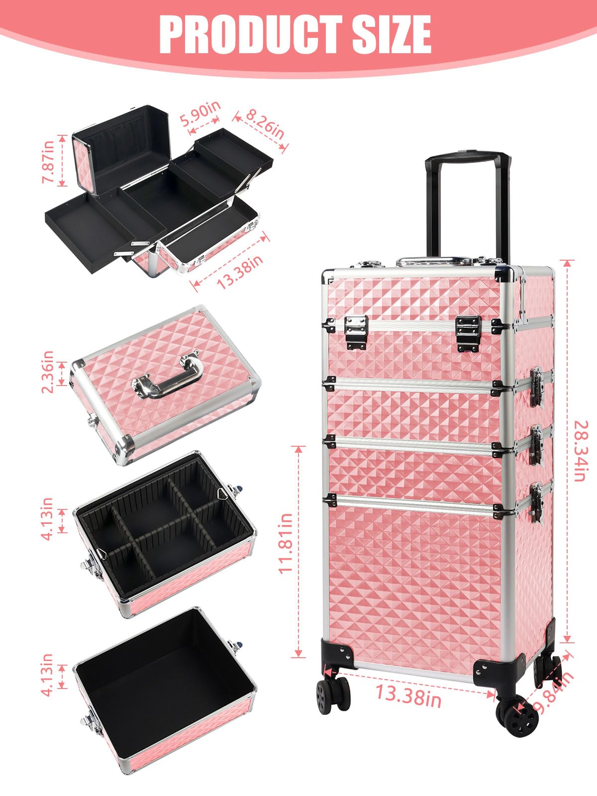 EBANKU Makeup Train Cases 4 in 1, Portable Professional Cosmetic Travel Case Nail Polish Hair Products Rolling Makeup Travel Organizer, with 360° Swivel Wheels,Pink