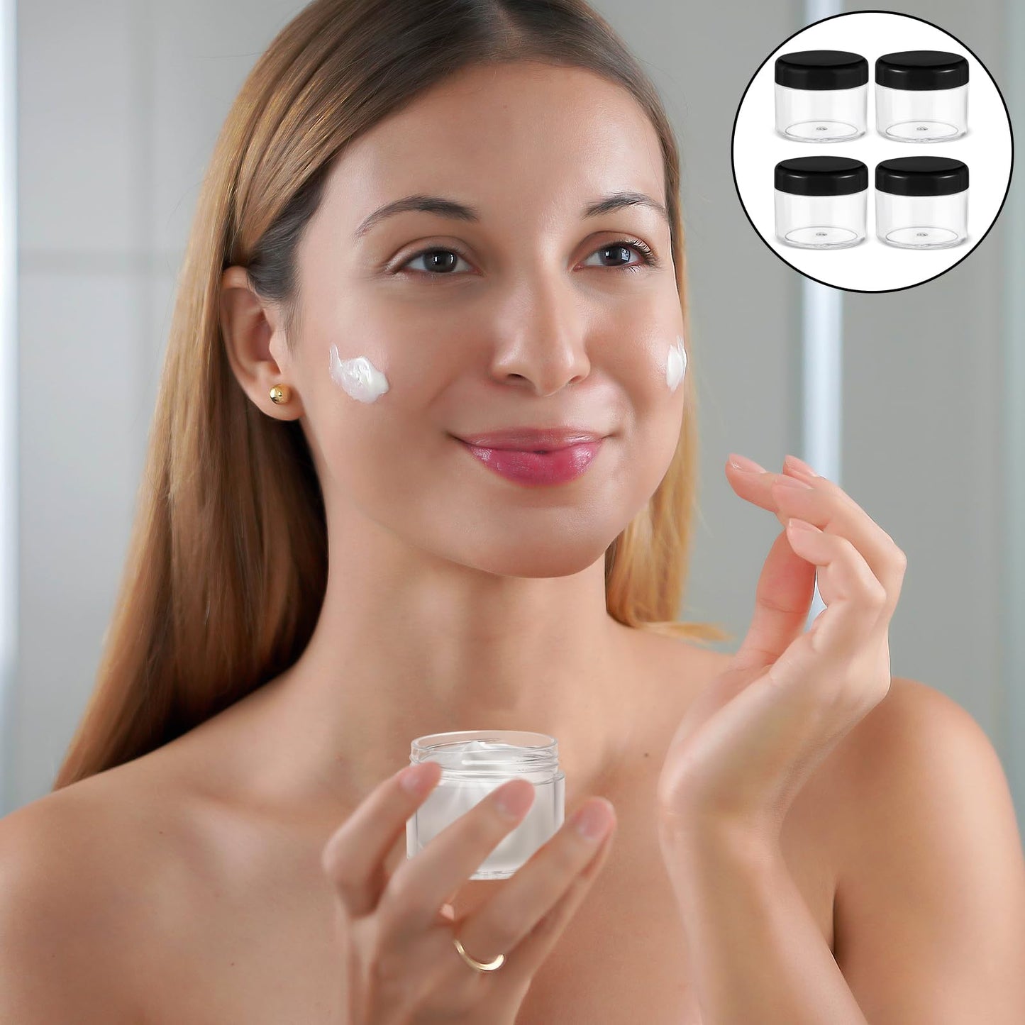 4 Pcs Plastic Cosmetic Cream Jars with Lids - Spatula, Travel-Sized, Leak-Proof, Refillable Makeup Containers, 0.7oz Round Jars for Storage Liquid Oils, Salves, DIY Making (Black)