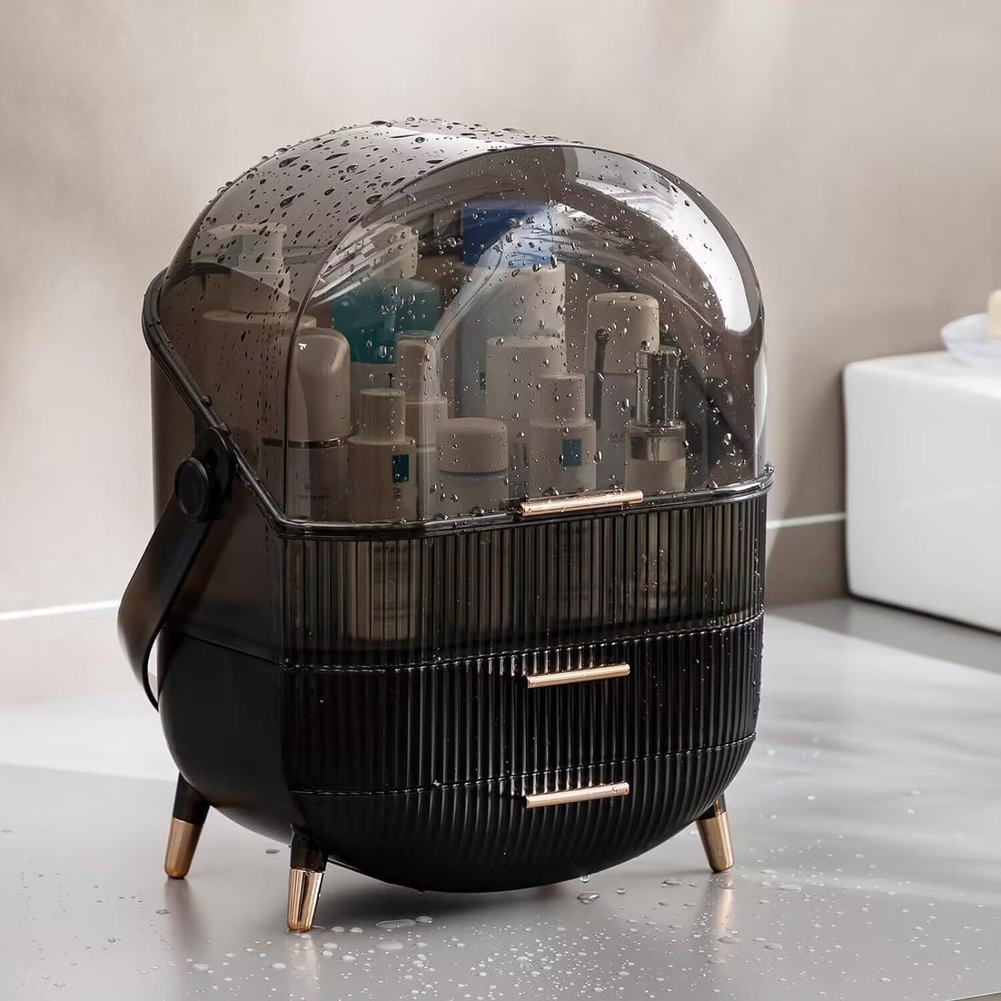 Makeup Organizer Box, Clear Cover Cosmetic Display Case with Two Tier Storage Box and Brush Storage Box, Skincare Organizers for Bathroom Countertop, Bedroom Vanity Desk and Travel (White)