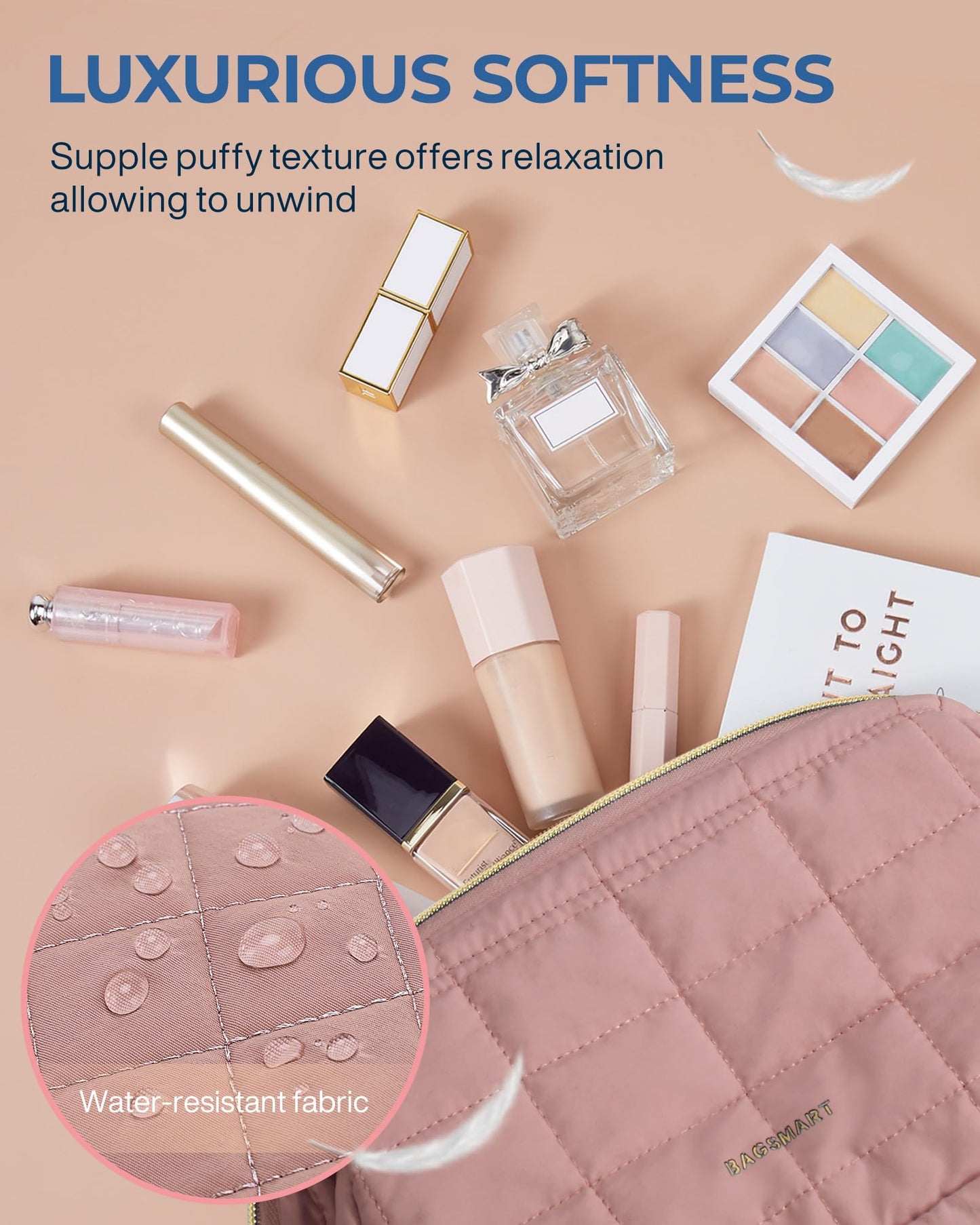 BAGSMART Makeup Bag Travel Cosmetic Bag, Puffy Padded Make Up Bags for Women, Large Capacity Wide-Open Travel-Size Toiletries Pouch, Purple